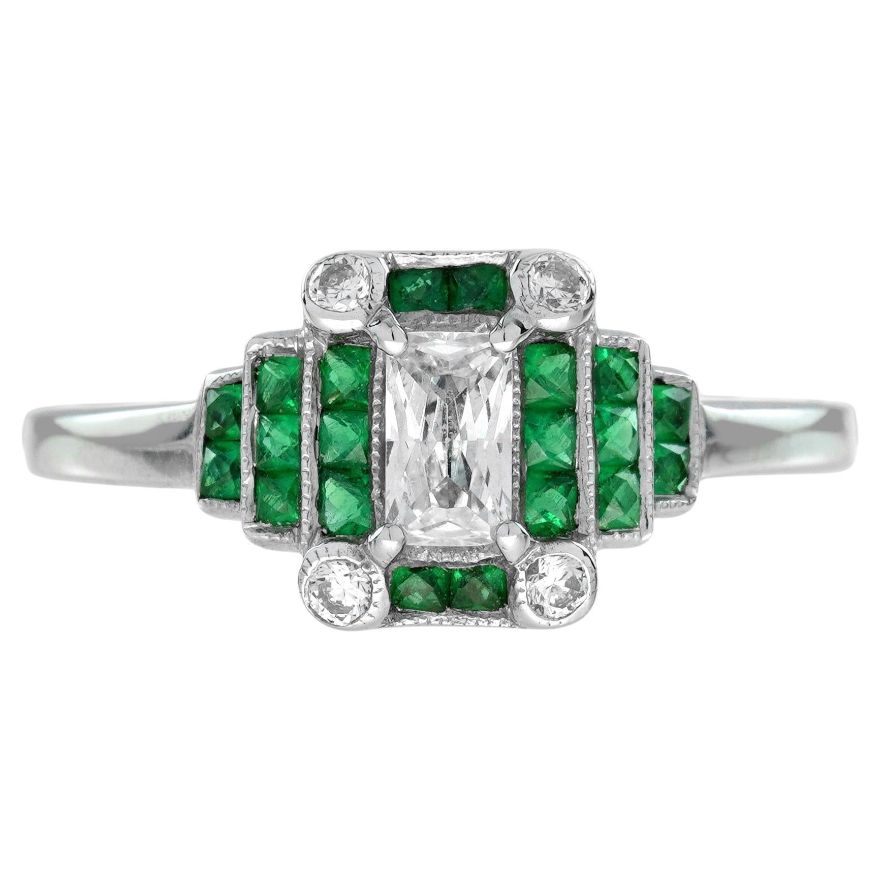 0.22 Ct. Diamond and Emerald Step Shoulder Art Deco Style Ring in 18K White Gold For Sale