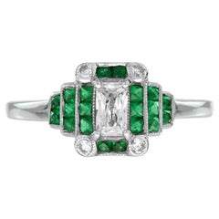 0.22 Ct. Diamond and Emerald Step Shoulder Art Deco Style Ring in 18K White Gold