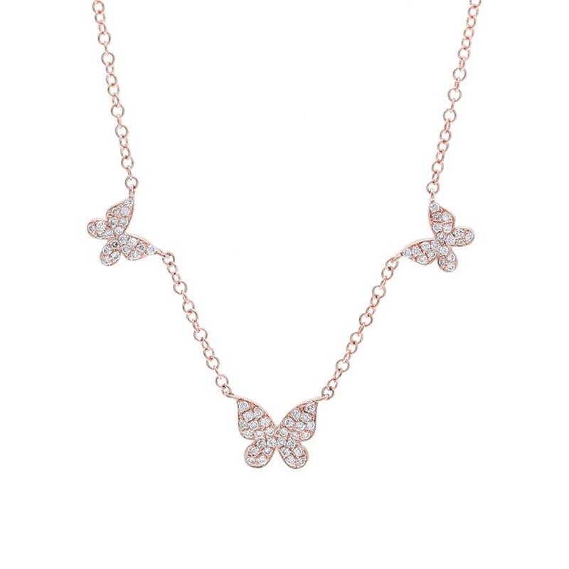 Round Cut 0.22 Ct Diamonds in 14K Rose Gold Gazebo Fancy 3 Unit Butterfly Necklace For Sale