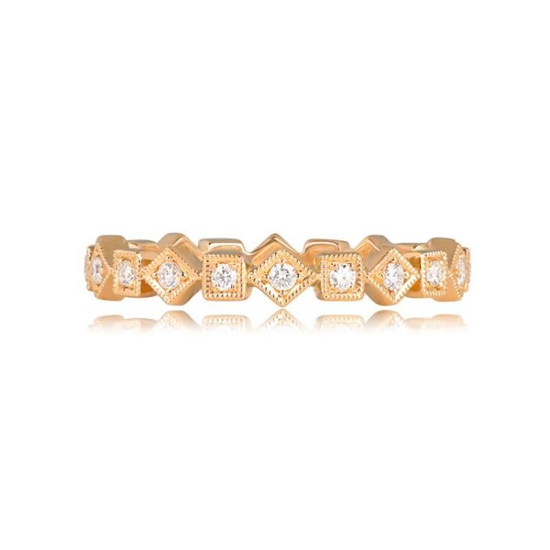 An elegant 18k yellow gold eternity band adorned with 0.22 carats of round brilliant diamonds, intricately set in prongs within the square and diamond-shaped bezels. The band boasts a stylish width of 3.08mm.

Ring Size: 6.5 US, Resizable
Metal: