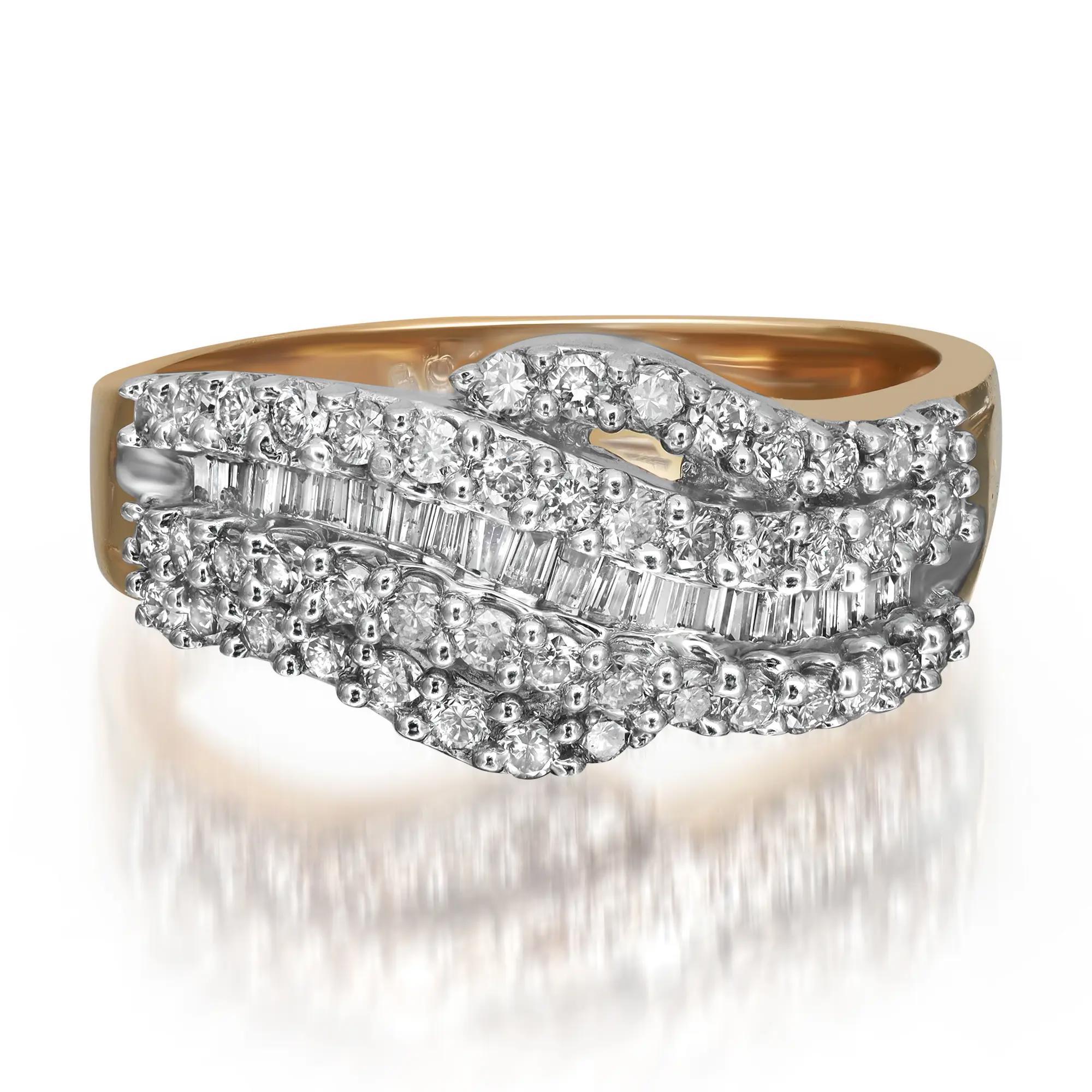 Beautiful and chic, natural diamond ladies cocktail ring crafted in 14k yellow gold. This fancy ring is highlighted with 0.22 carat of channel set baguette cut and 0.61 carat of prong set round cut dazzling diamonds with I color and SI1 clarity.