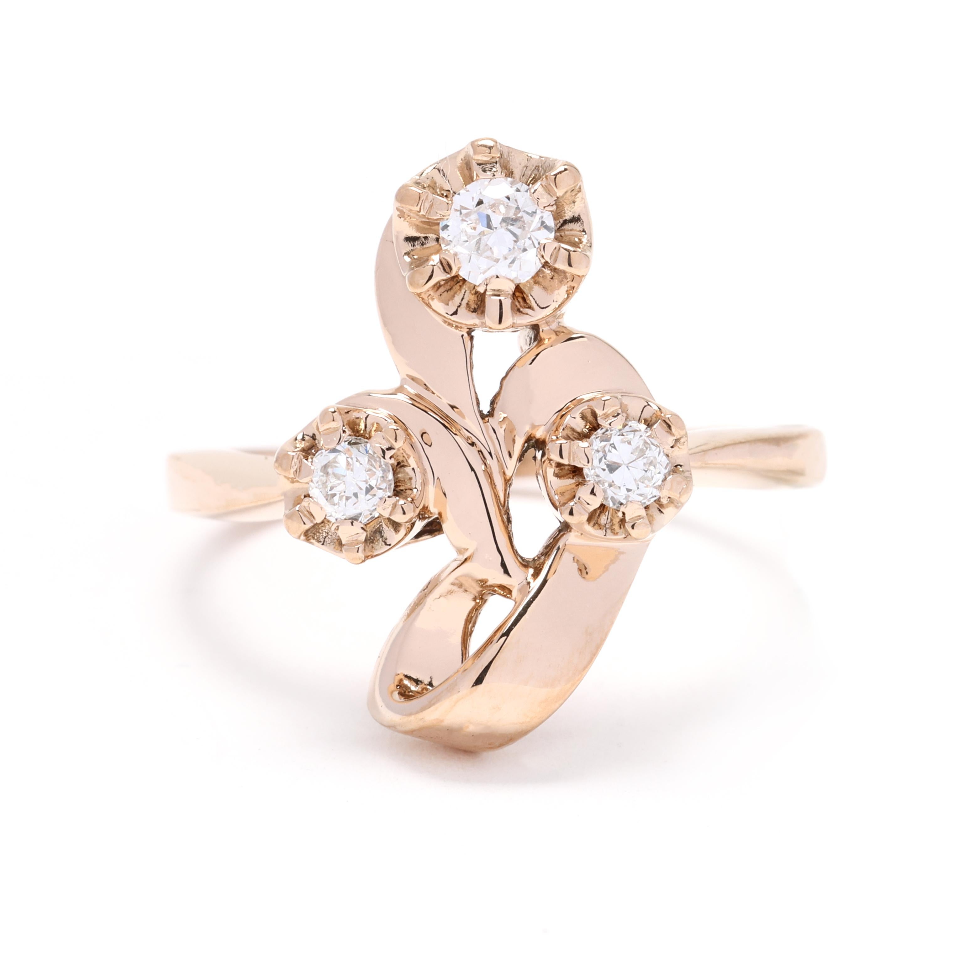 0.22 Karat Vintage Diamant-Blumenstrauß-Ring, 14k Gelbgold, Ring Größe 6,5 im Angebot
