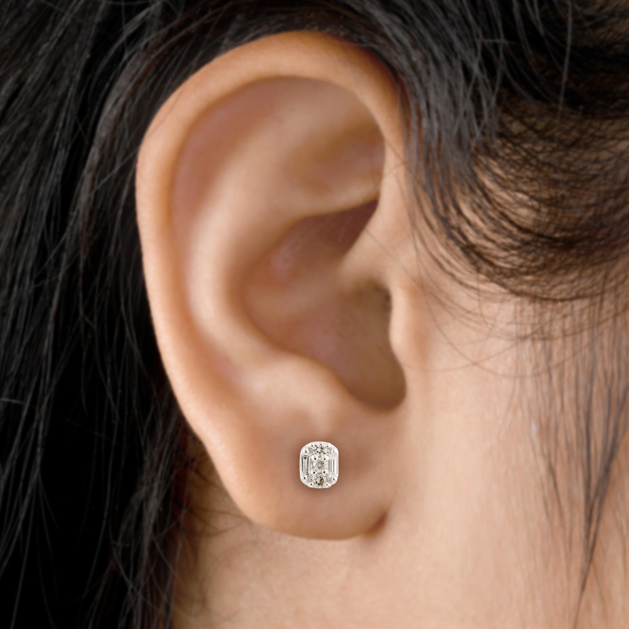 Modern 0.23 Carat Baguette & Round Diamond Stud Earrings 10 Karat White Gold Jewelry For Sale