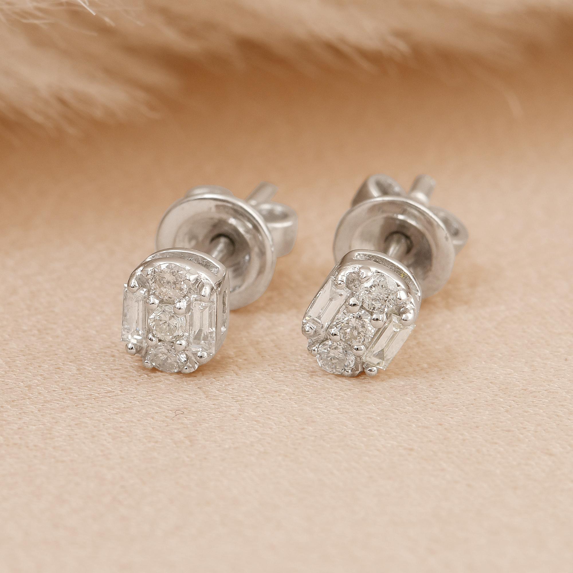 Mixed Cut 0.23 Carat Baguette & Round Diamond Stud Earrings 10 Karat White Gold Jewelry For Sale