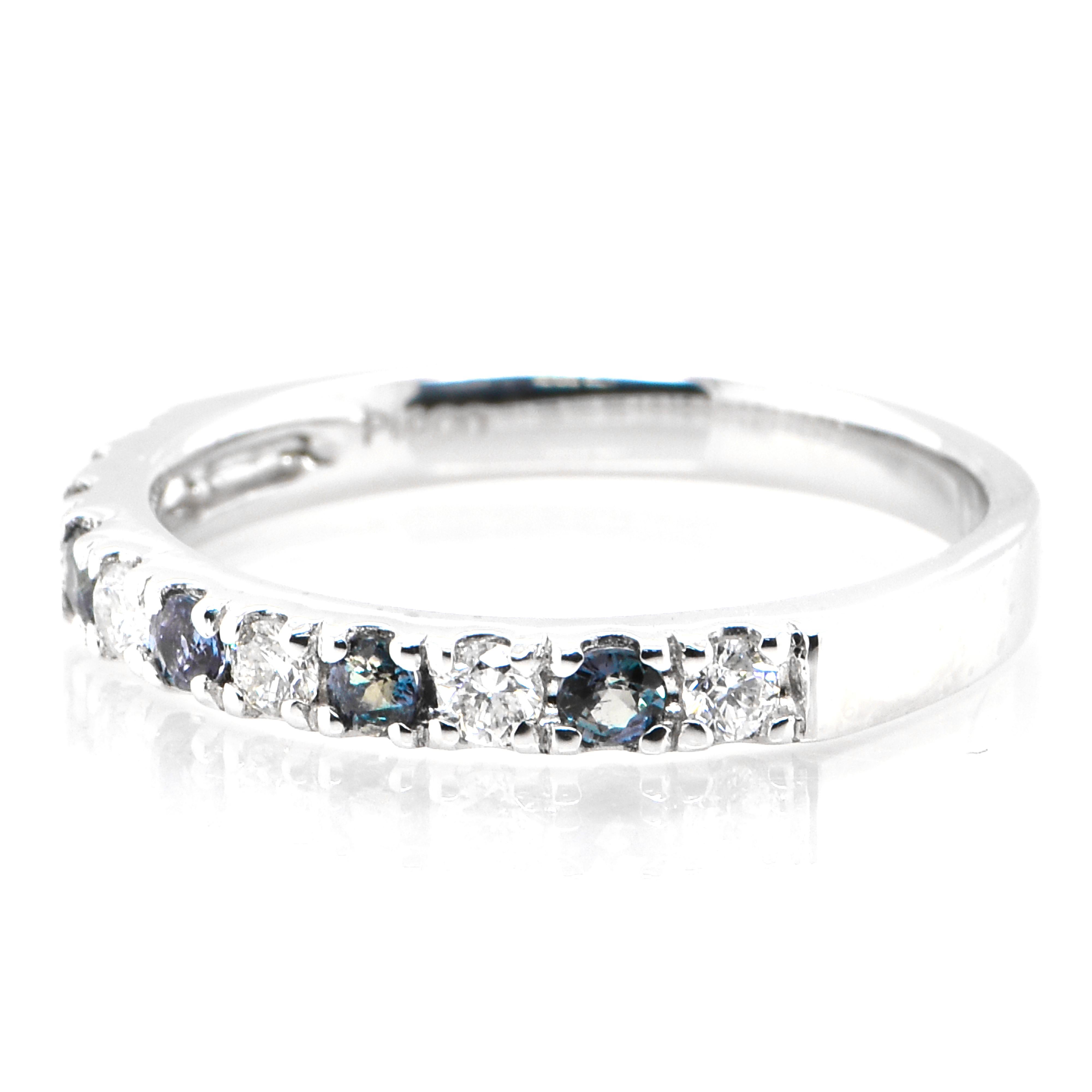 Round Cut 0.23 Carat Color-Changing Alexandrite and Diamond Eternity Ring set in Platinum