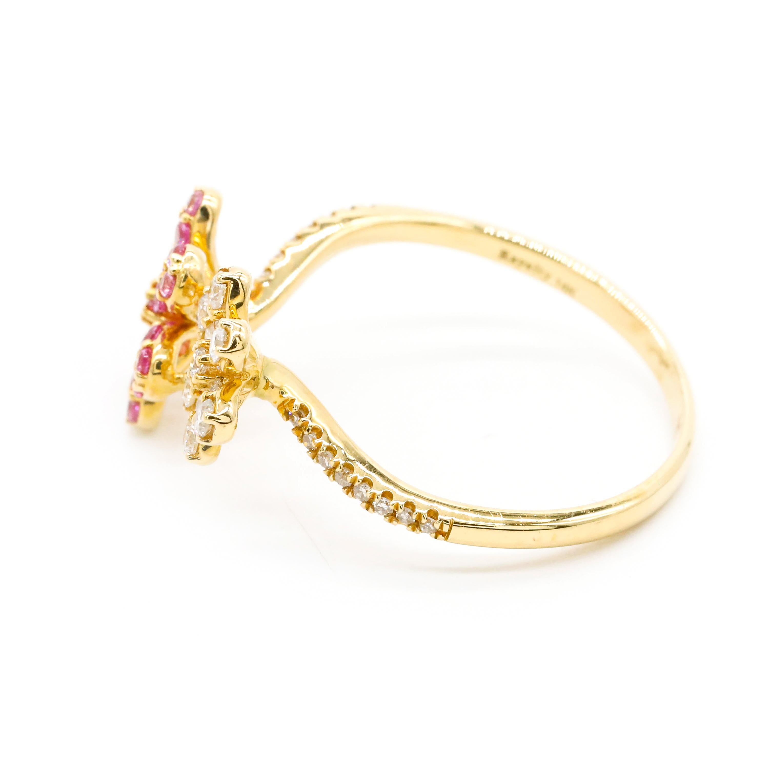 0.23 Carat Diamond Pink Sapphire Pave Daisy Flower 14K Yellow Gold Wrap Ring

This modern ring features a total of 0.23 carats of diamond round shape and 0.47 carats Pink Sapphire Gemstone Set in 14K Yellow Gold.

We guarantee all products sold and