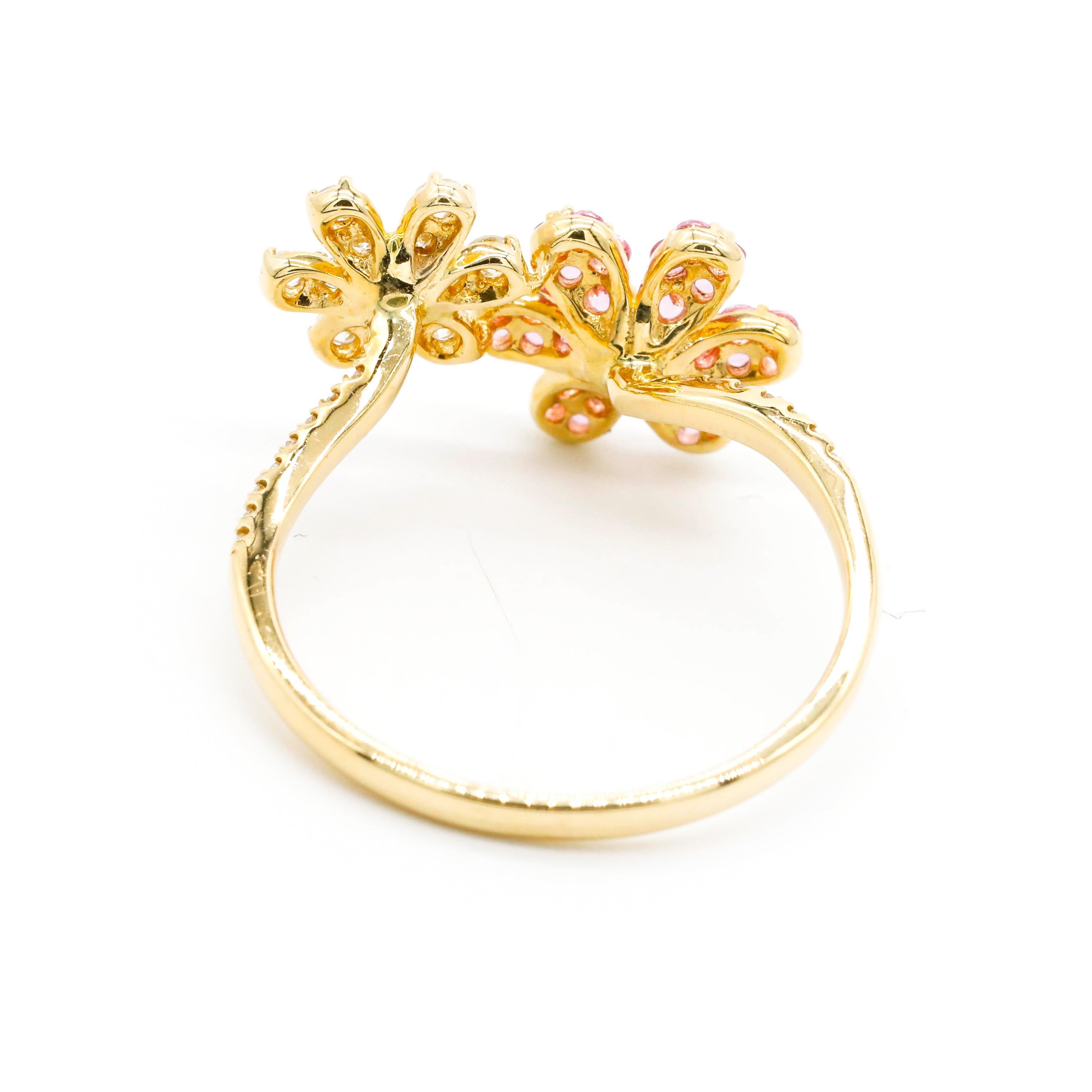 Contemporary 0.23 Carat Diamond Pink Sapphire Pave Daisy Flower 14K Yellow Gold Wrap Ring For Sale