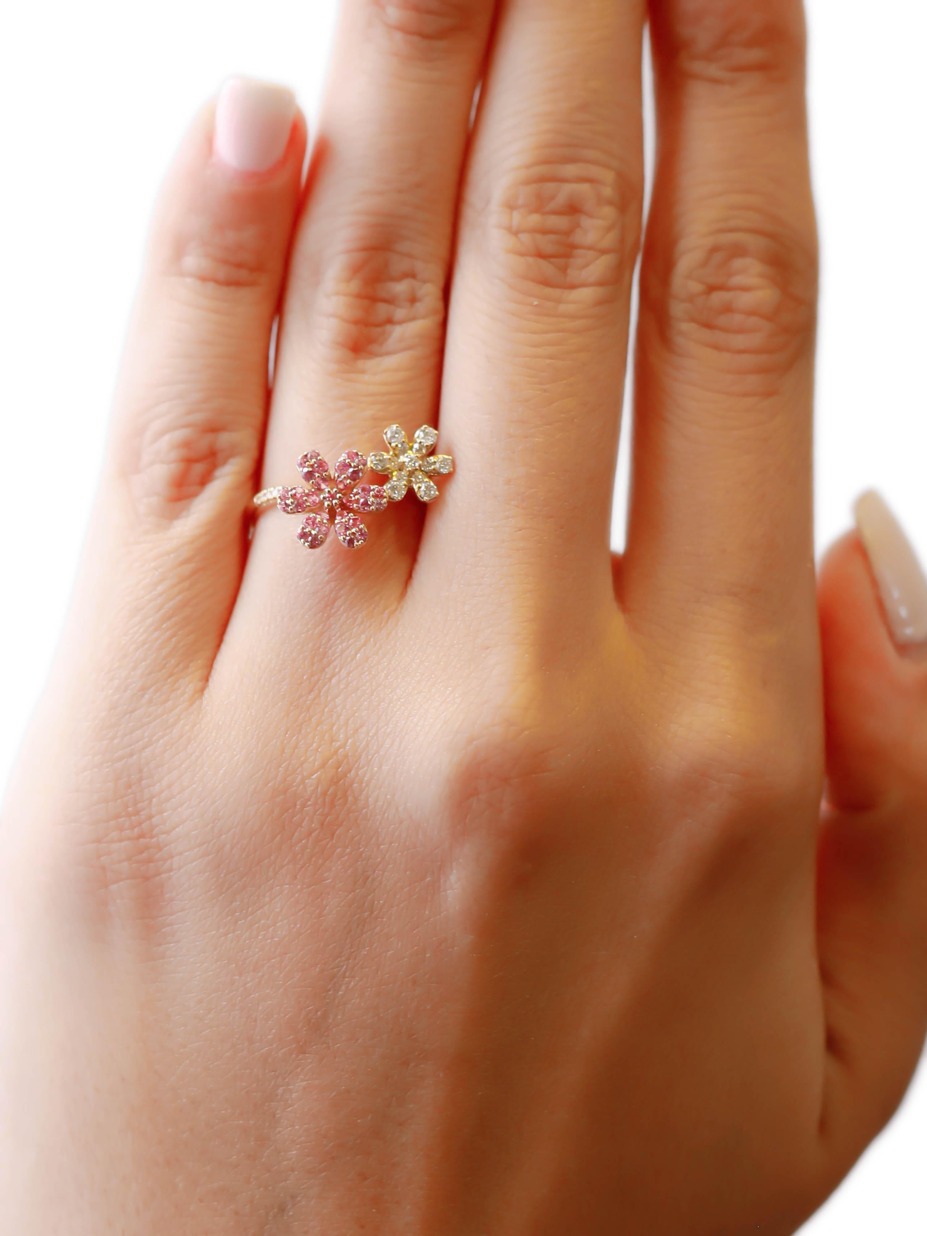 Round Cut 0.23 Carat Diamond Pink Sapphire Pave Daisy Flower 14K Yellow Gold Wrap Ring For Sale