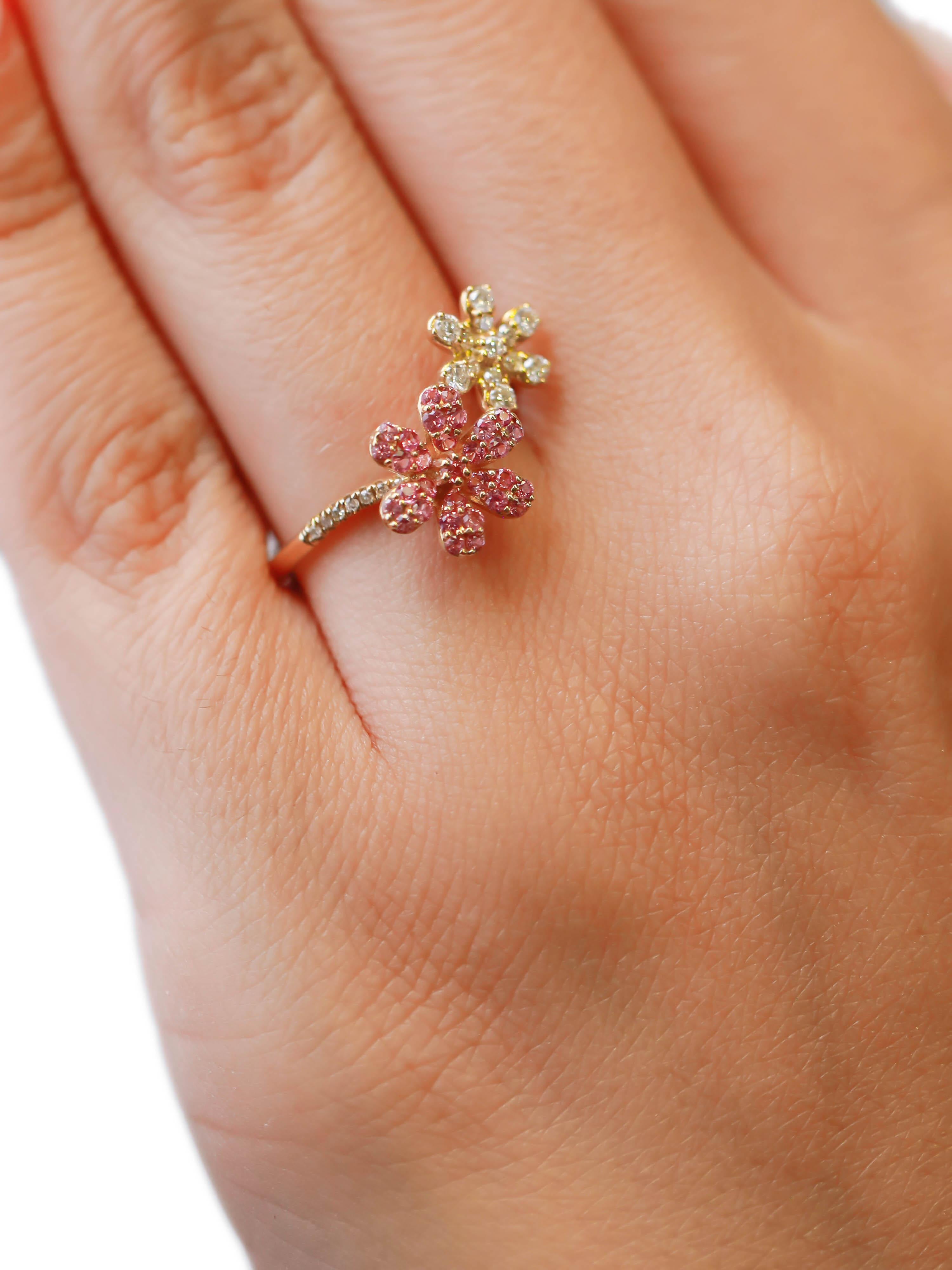 0.23 Carat Diamond Pink Sapphire Pave Daisy Flower 14K Yellow Gold Wrap Ring For Sale 1