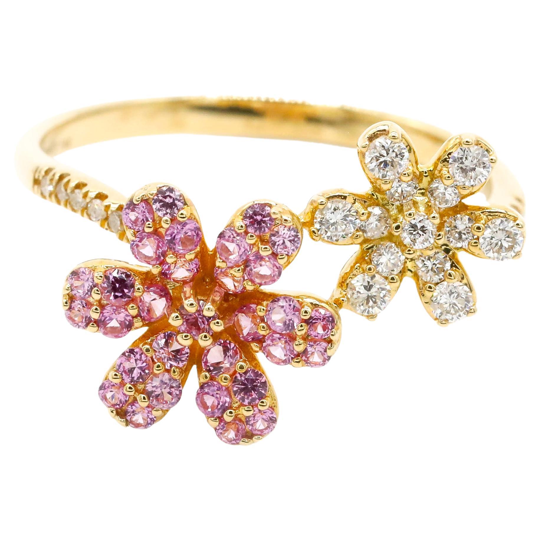 0.23 Carat Diamond Pink Sapphire Pave Daisy Flower 14K Yellow Gold Wrap Ring For Sale