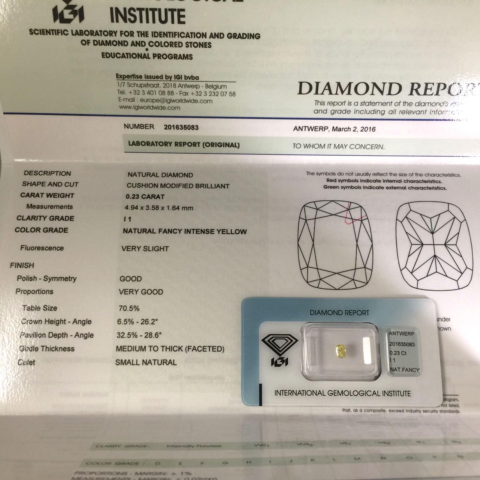 0.23 Carat IGI Certificate Natural Fancy Intense Yellow Cushion Cut Diamond For Sale 1