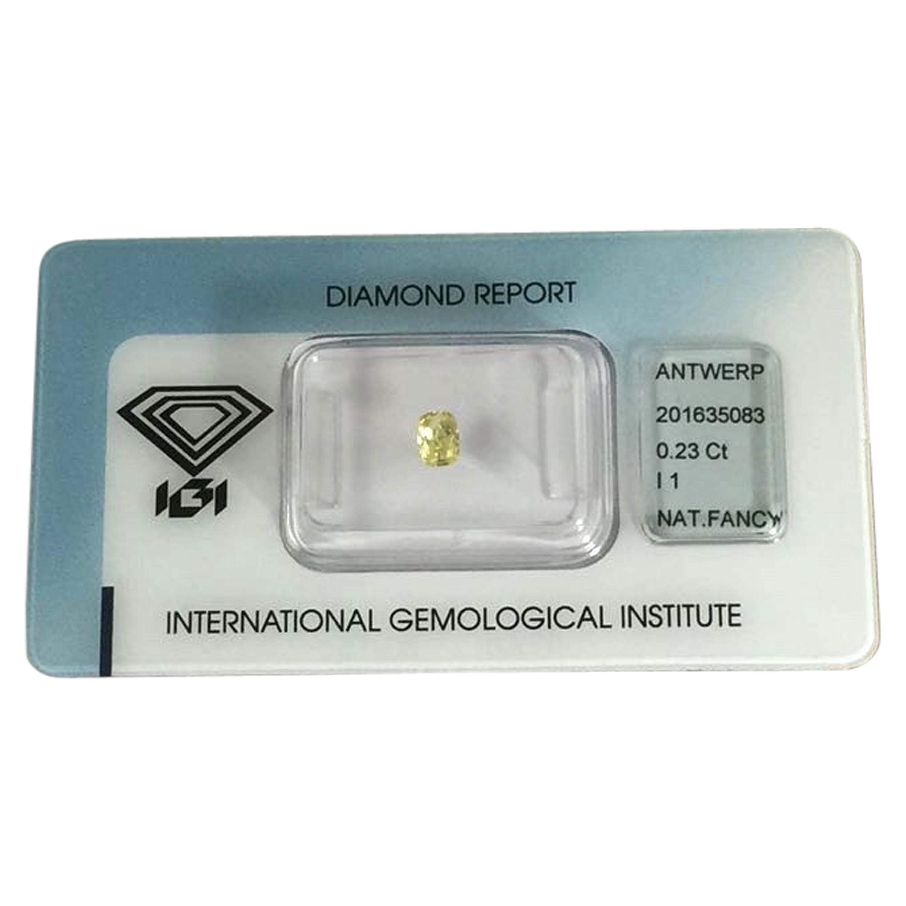 0.23 Carat IGI Certificate Natural Fancy Intense Yellow Cushion Cut Diamond For Sale
