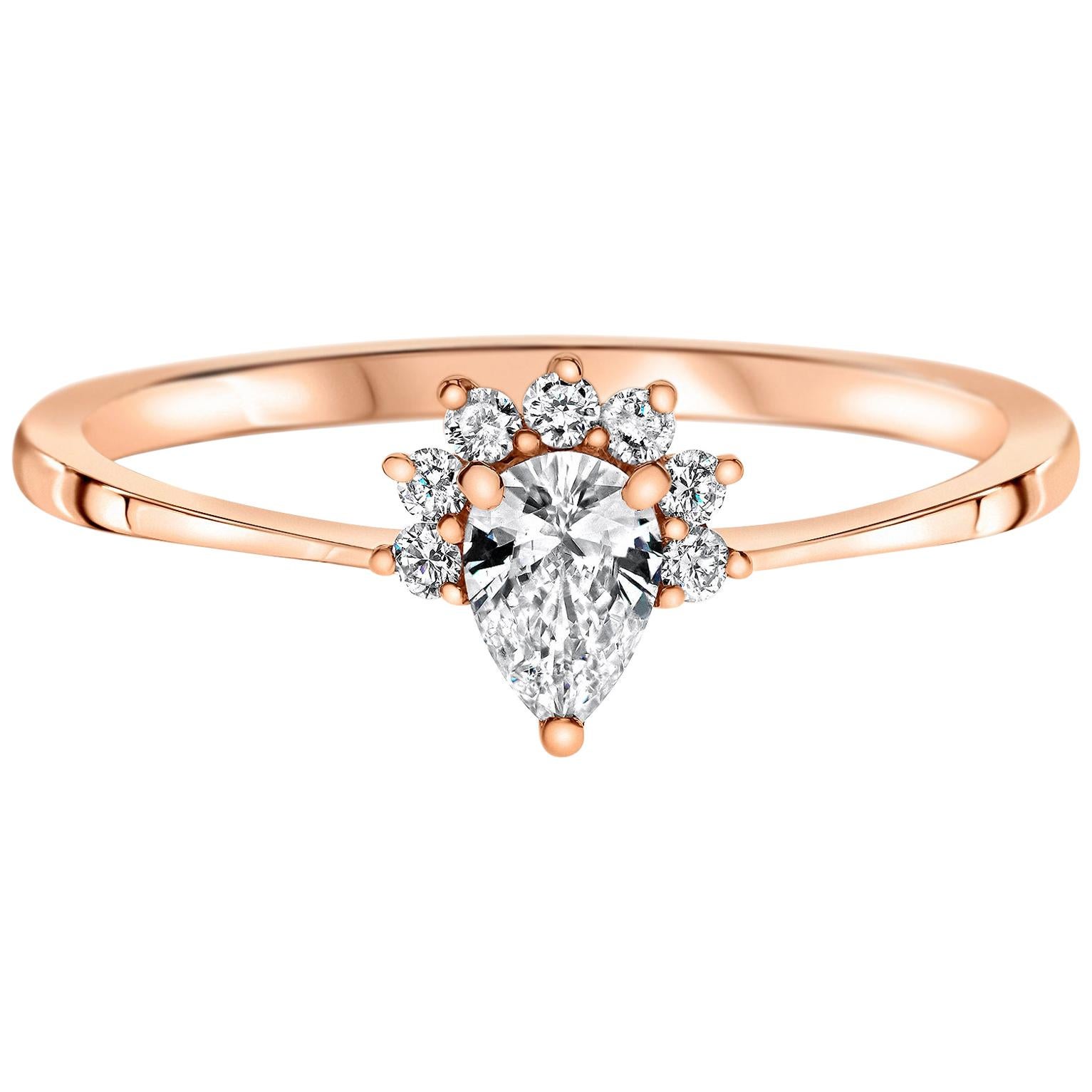 0.23 Carat Pear & Round Cut Diamonds Crown Ring 14k Rose Gold - Shlomit Rogel For Sale