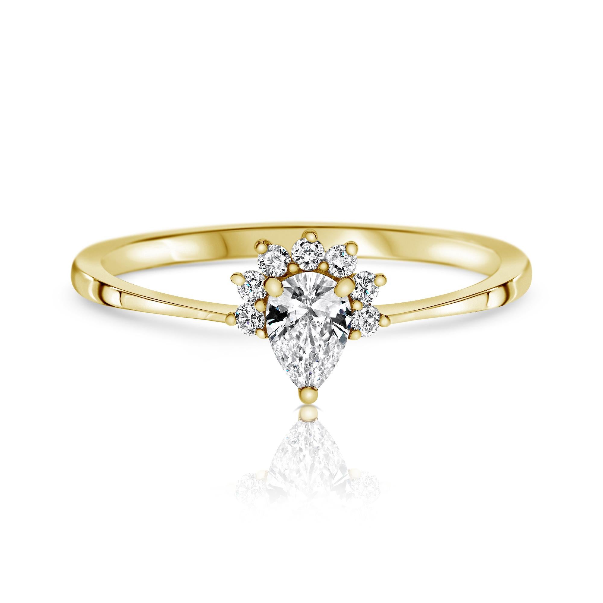 Art Deco 0.23 Carat Pear & Round Cut Diamonds Crown Ring 14k Yellow Gold - Shlomit Rogel For Sale