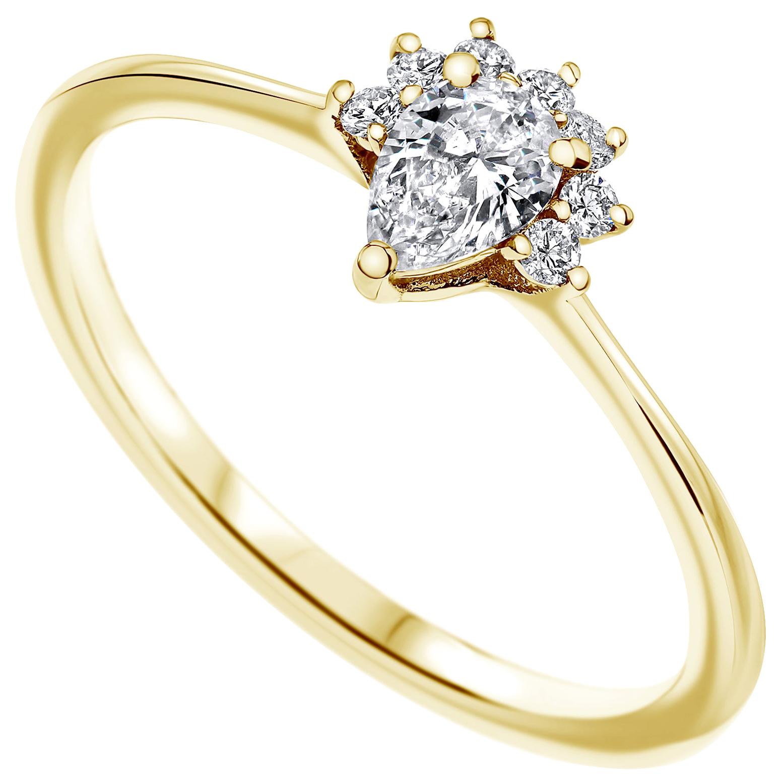 0.23 Carat Pear & Round Cut Diamonds Crown Ring 14k Yellow Gold - Shlomit Rogel For Sale