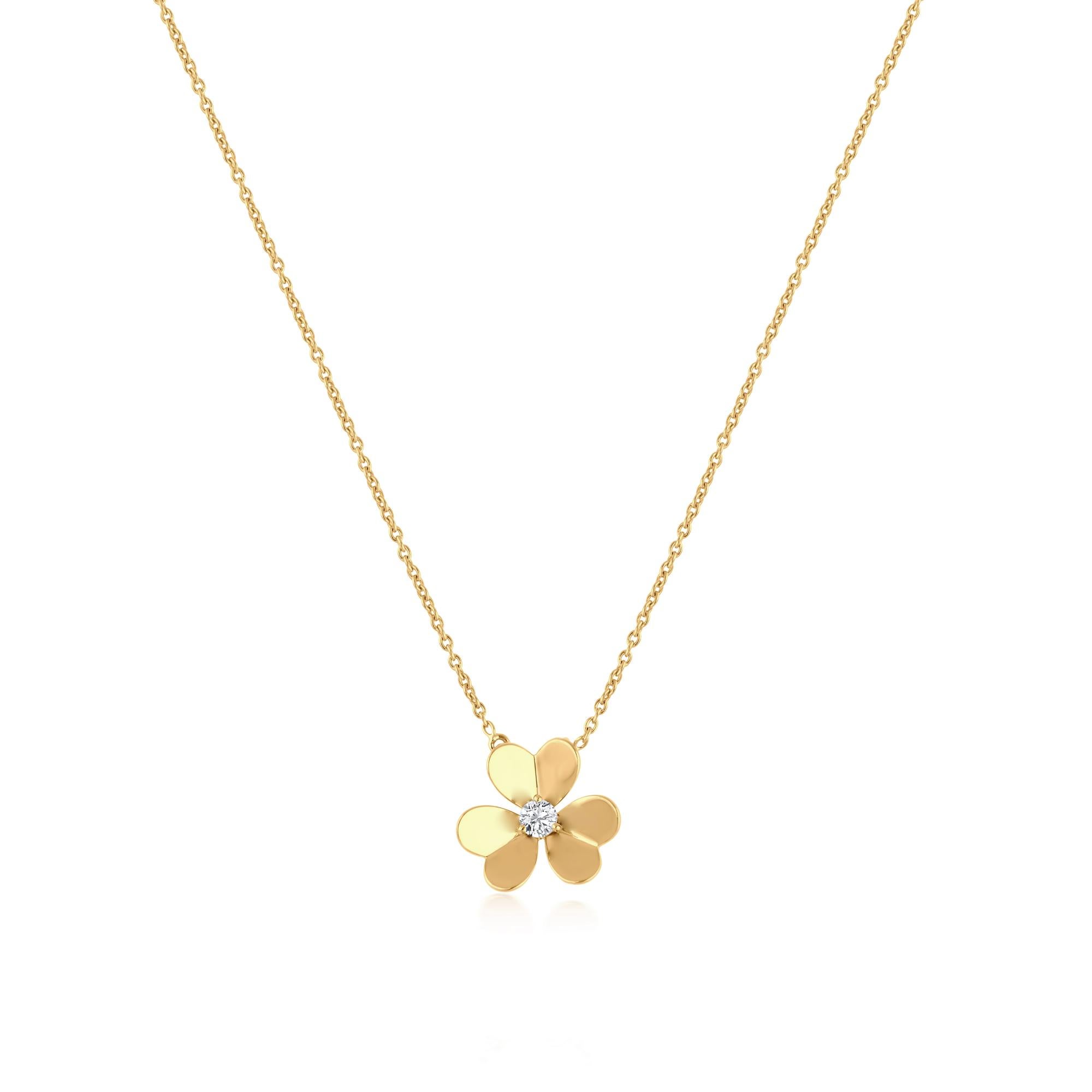 0.23 Carat SI/HI Solitaire Diamond Flower Charm Necklace 14 Karat Yellow Gold For Sale 1