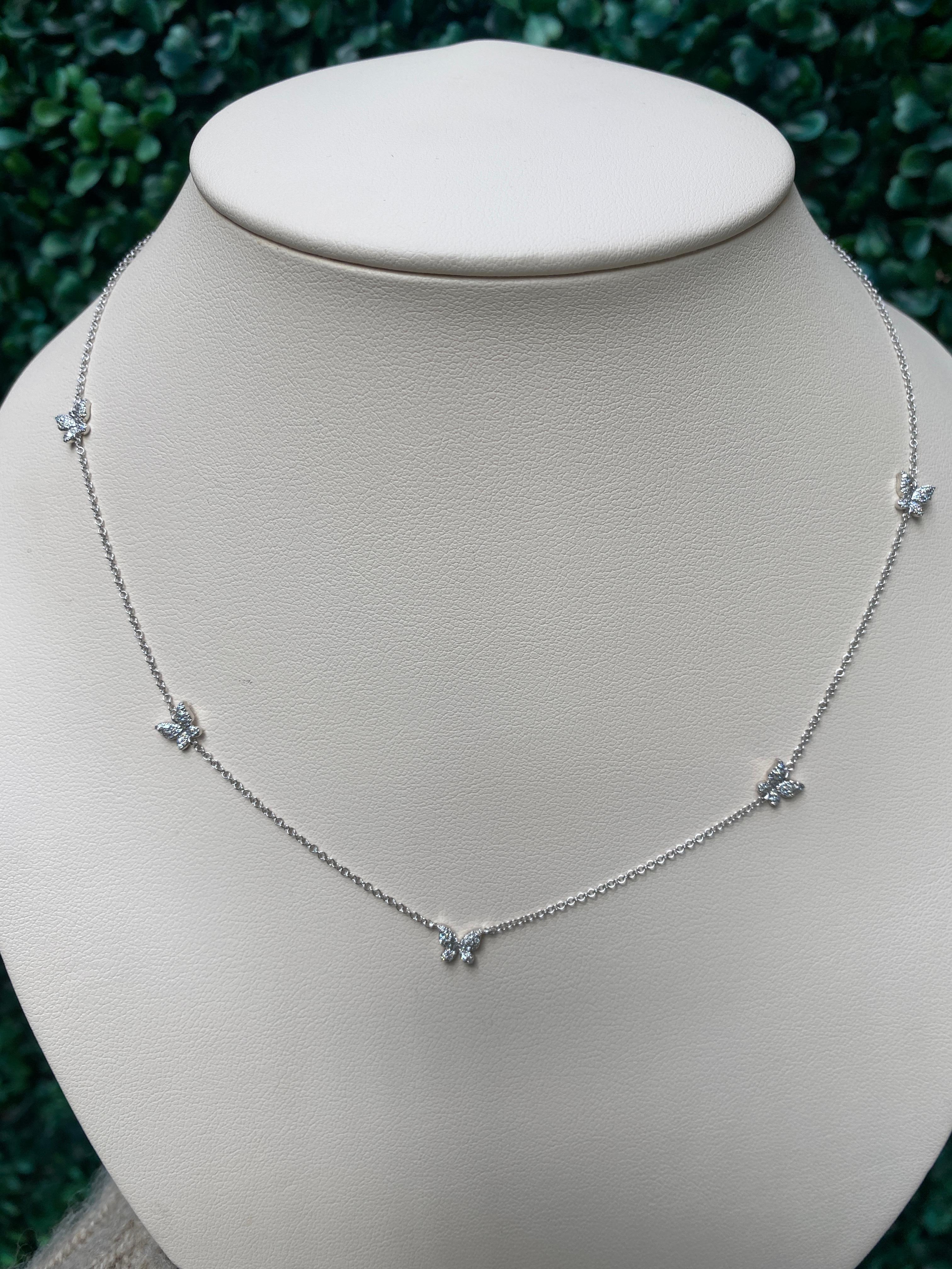 0.23 Carat Total Weight Pave Diamond Butterfly Station Necklace, 14k White Gold In New Condition In Houston, TX