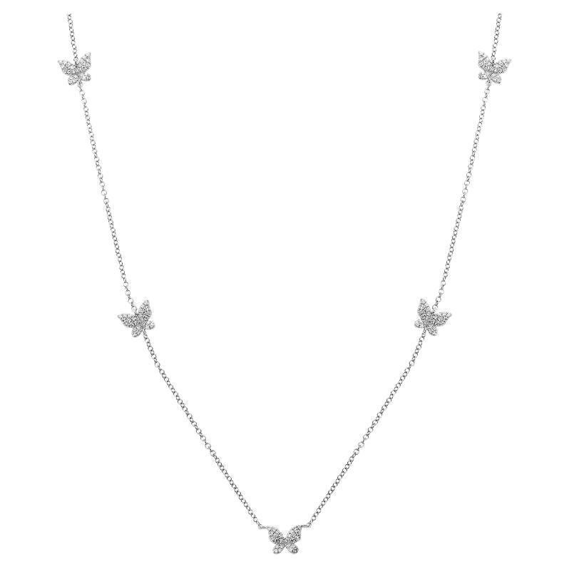 0.23 Carat Total Weight Pave Diamond Butterfly Station Necklace, 14k White Gold