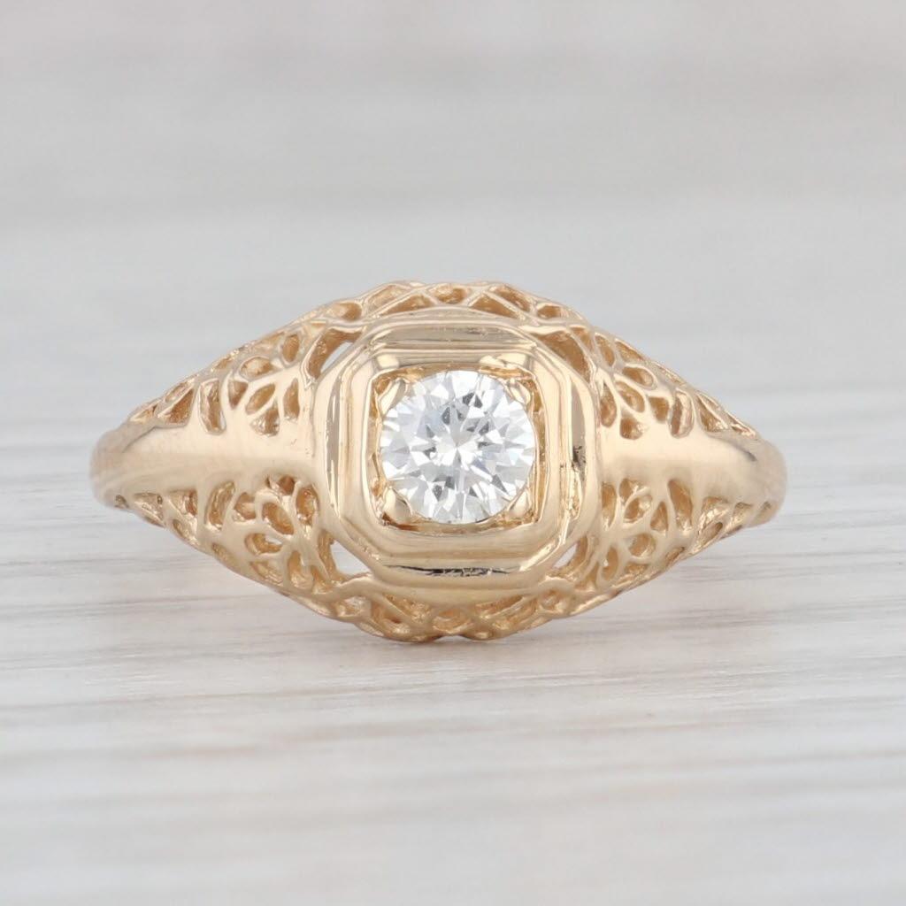 Round Cut 0.23ct Diamond Solitaire Engagement Ring 14k Yellow Gold Size 5 Openwork For Sale