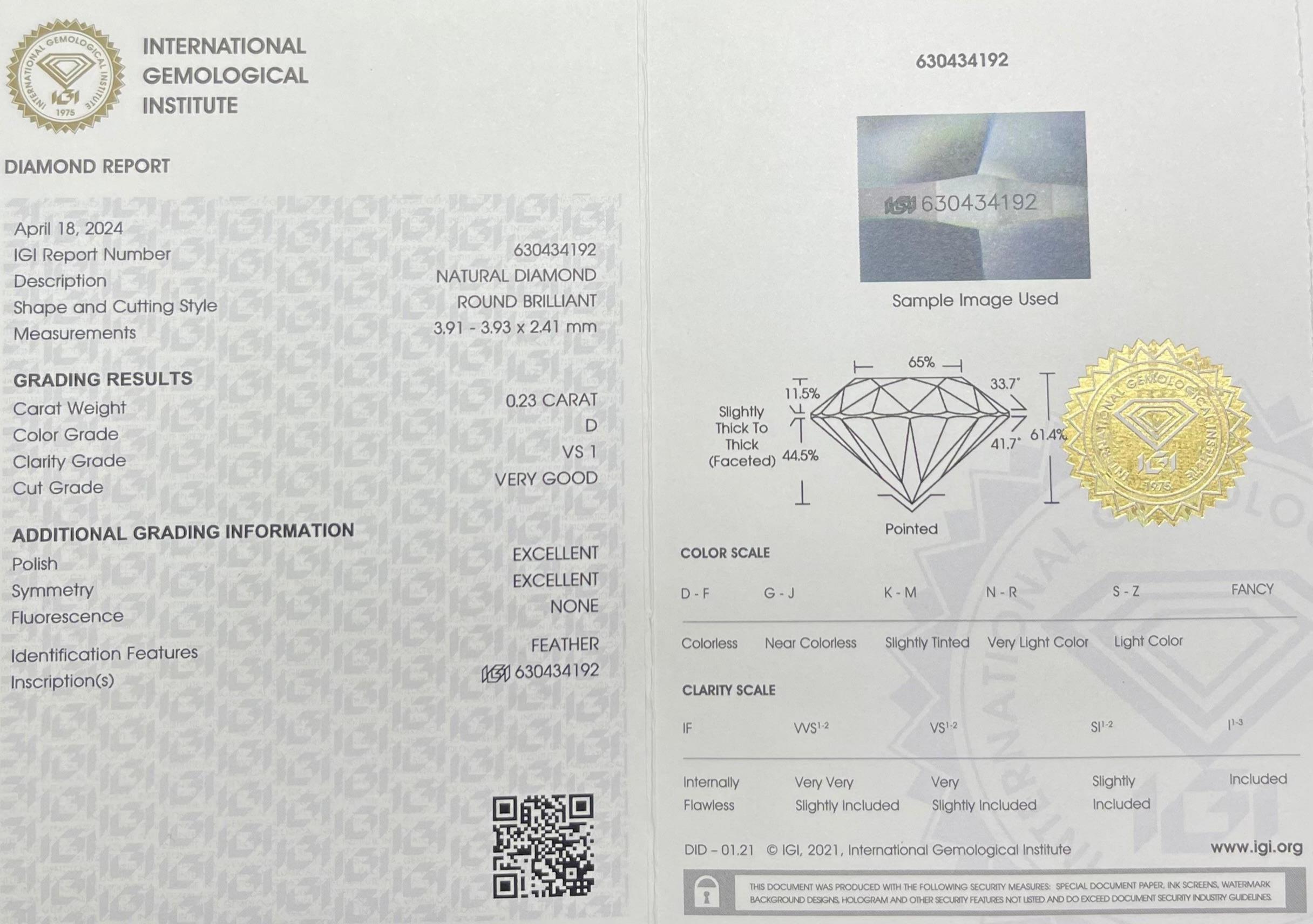Taille ronde 0.23CT IGI Certified Round Brilliante en vente