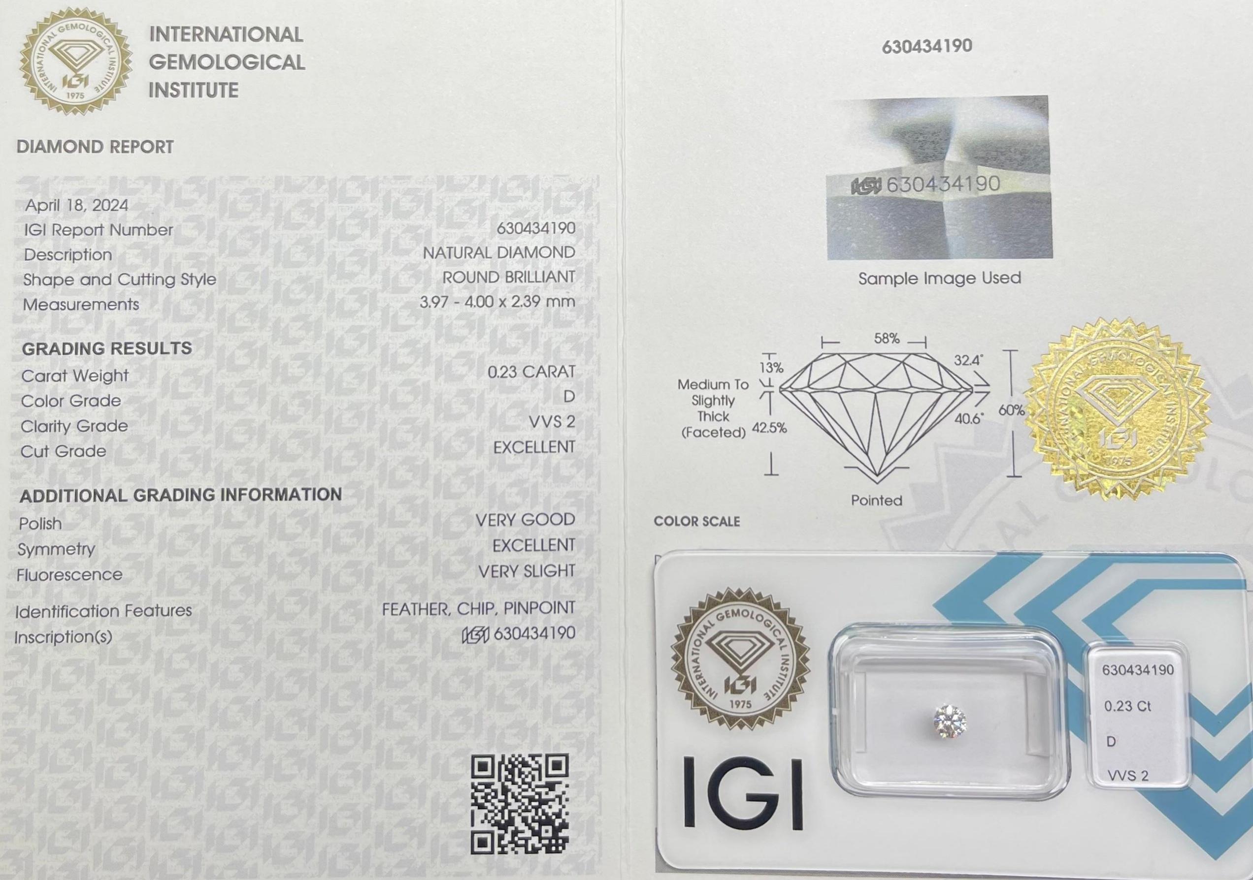 0.23CT  IGI Certified Round Brilliant. In New Condition For Sale In kOWLOON, HK