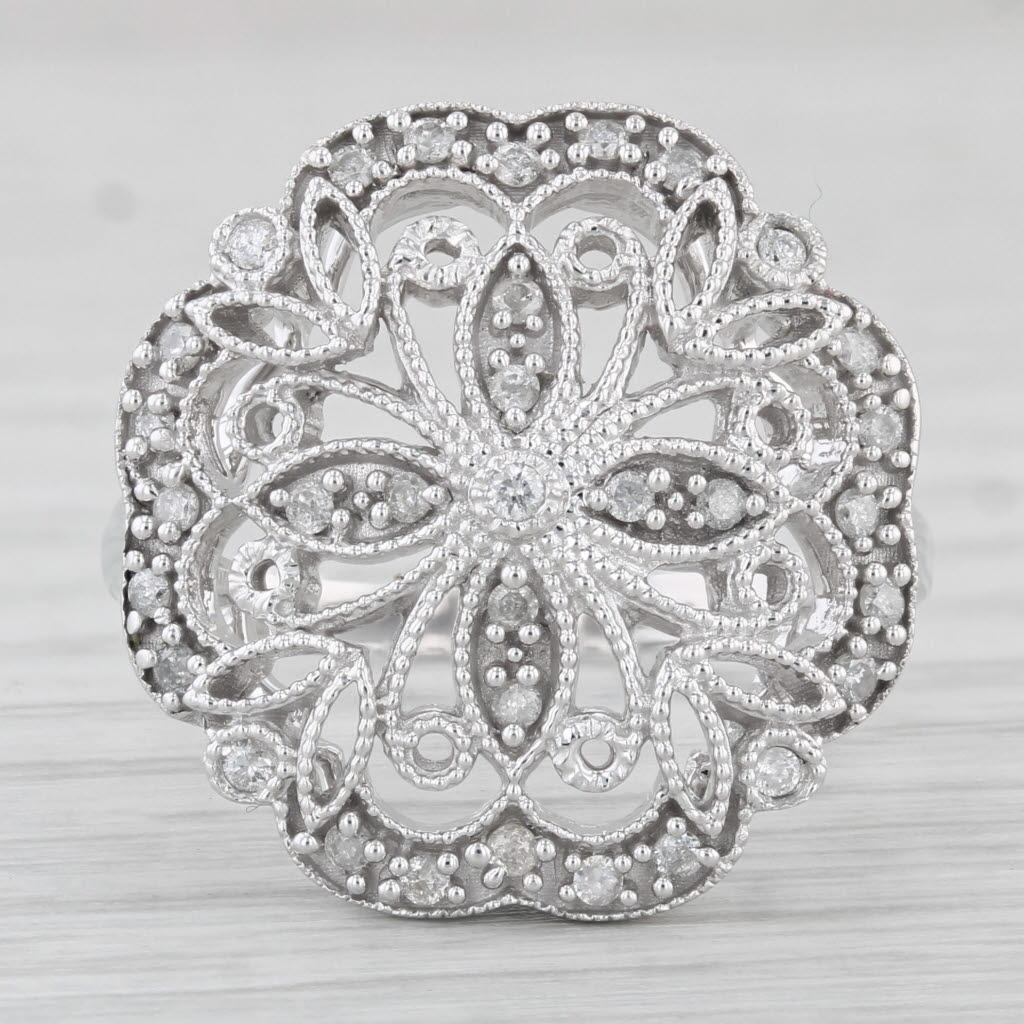 Round Cut 0.23ctw Diamond Flower Filigree Ring 14k White Gold Size 9 Cocktail For Sale