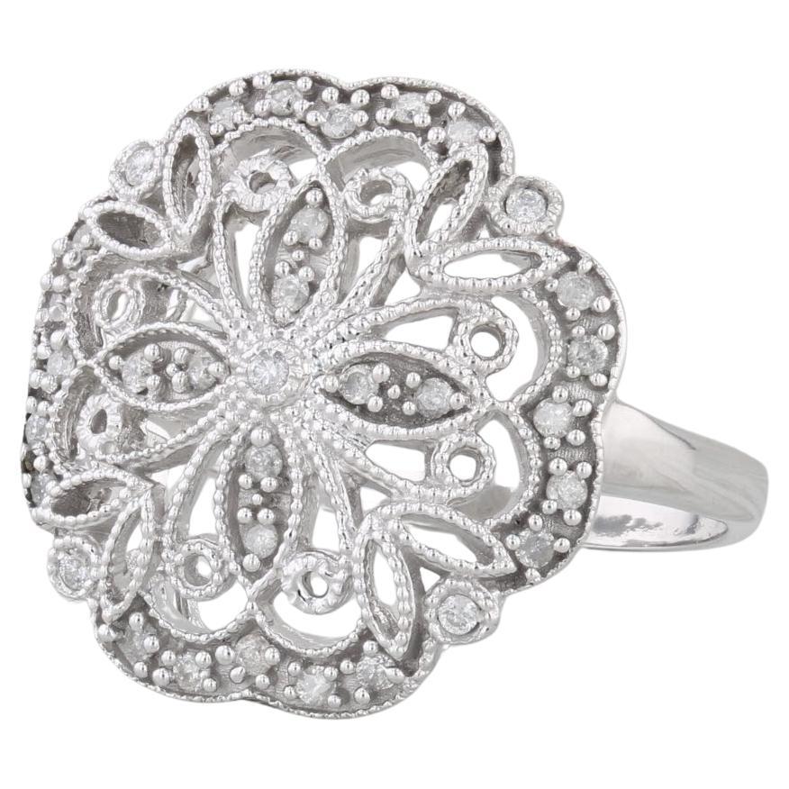 0.23ctw Diamond Flower Filigree Ring 14k White Gold Size 9 Cocktail For Sale