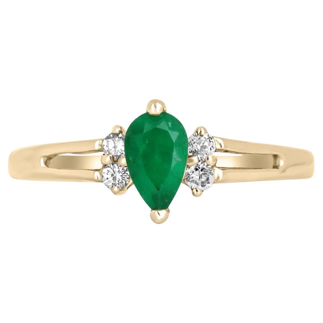 0.23tcw 14k AAA+ Colombian Emerald-Pear Cut & Diamond Accent Petite Gold Ring For Sale