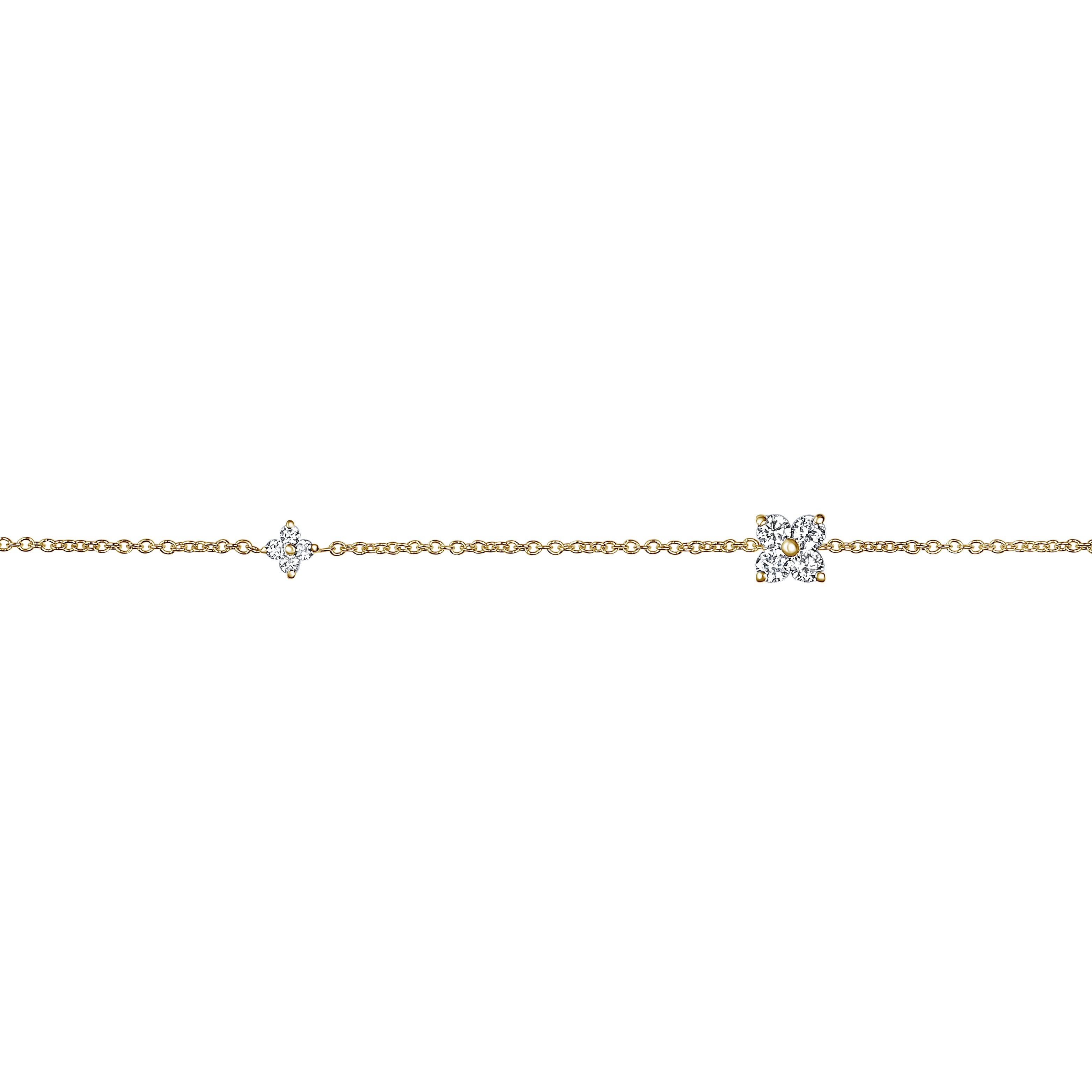 0.24 Carat Diamond Flower Petal Bracelet in 14 Karat Yellow Gold, Shlomit Rogel

Beautiful sparkle meets a wonderfully elegant design in this dainty chain bracelet. Crafted from 14k solid yellow gold, the bracelet features a diamond flower at the