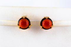 0.24 Carat Diamond Mediterranean Red Coral Onyx Yellow Gold Clip-On Earrings