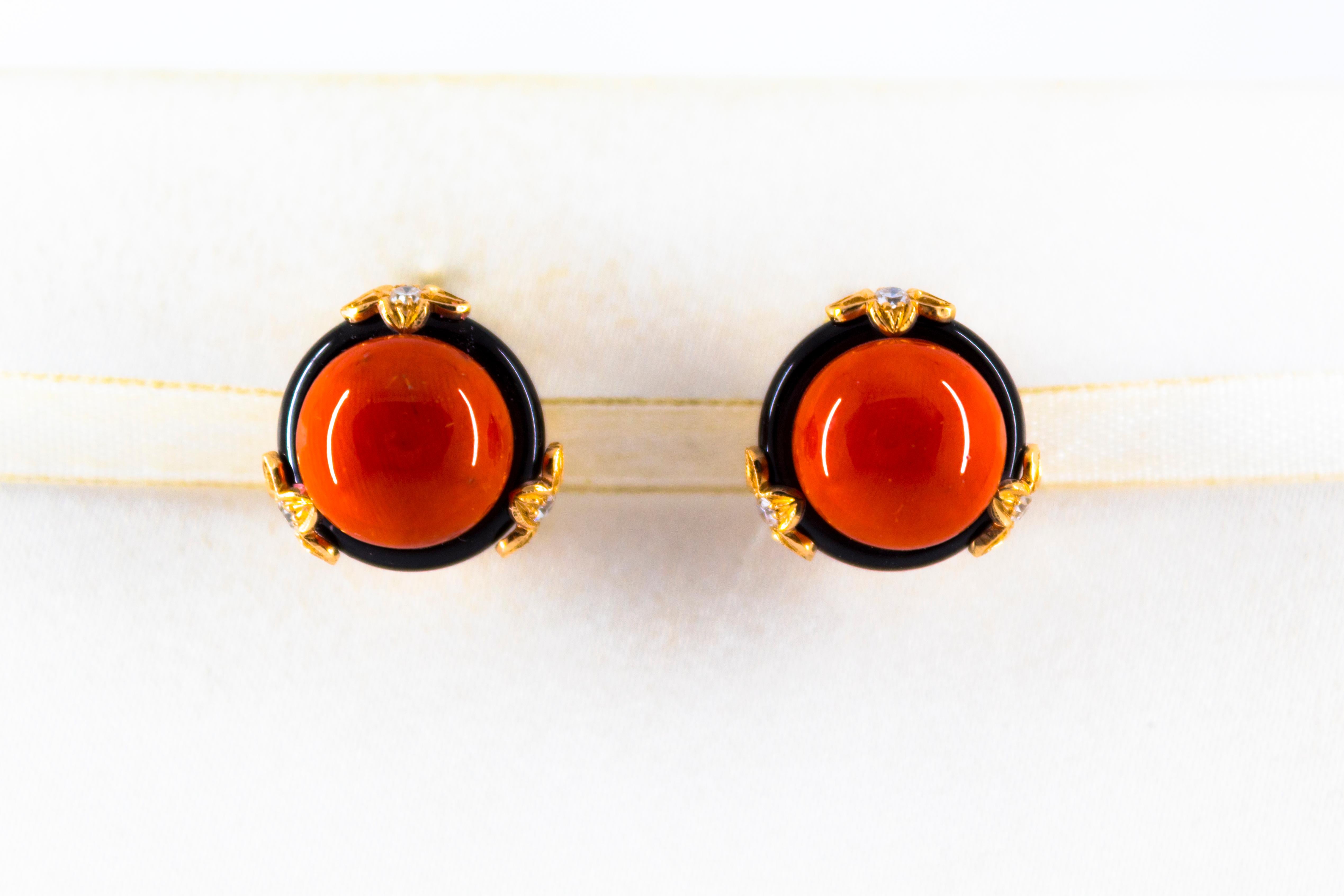 Renaissance 0.24 Carat Diamond Mediterranean Red Coral Onyx Yellow Gold Clip-On Earrings