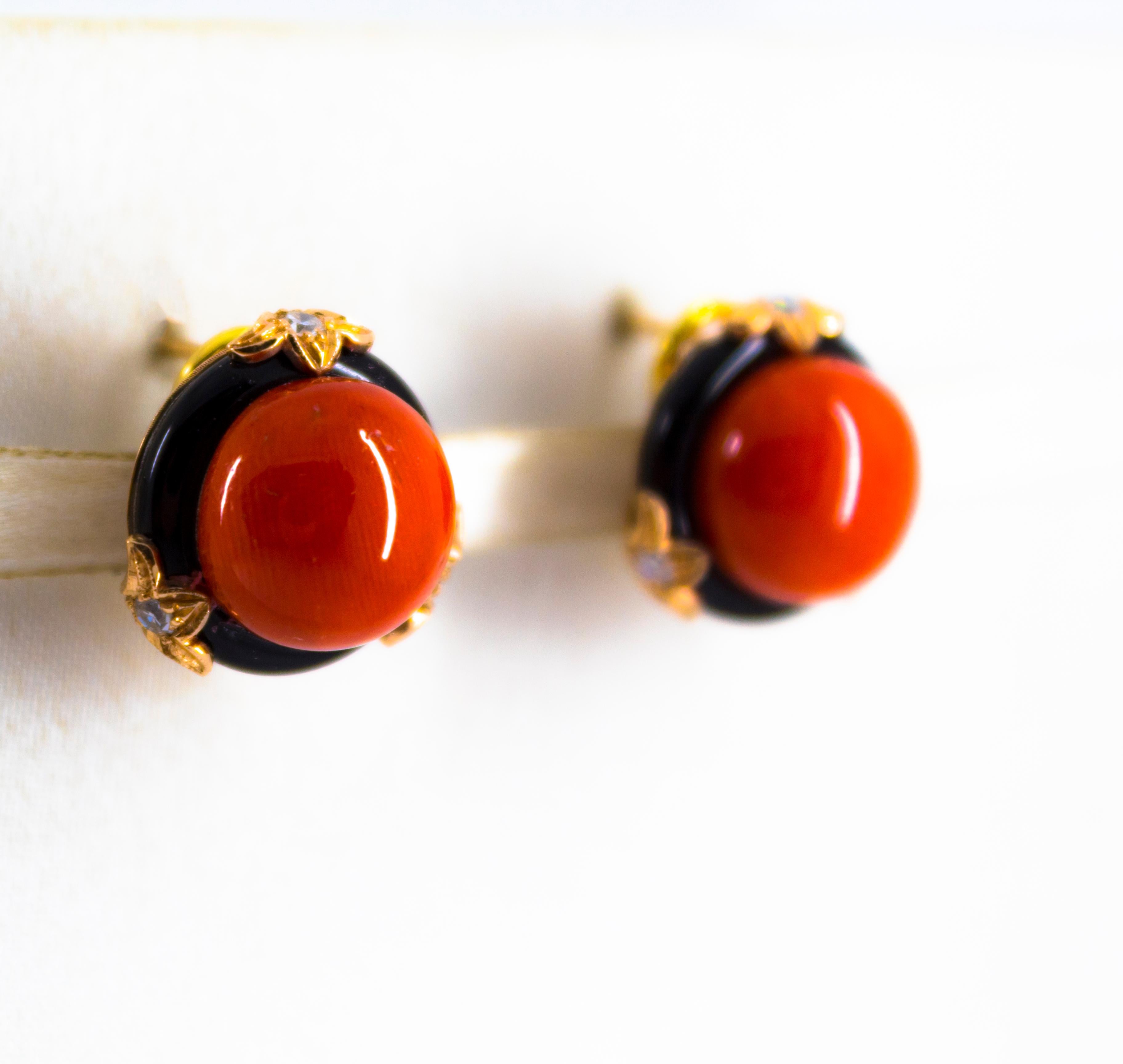 0.24 Carat Diamond Mediterranean Red Coral Onyx Yellow Gold Clip-On Earrings In New Condition In Naples, IT