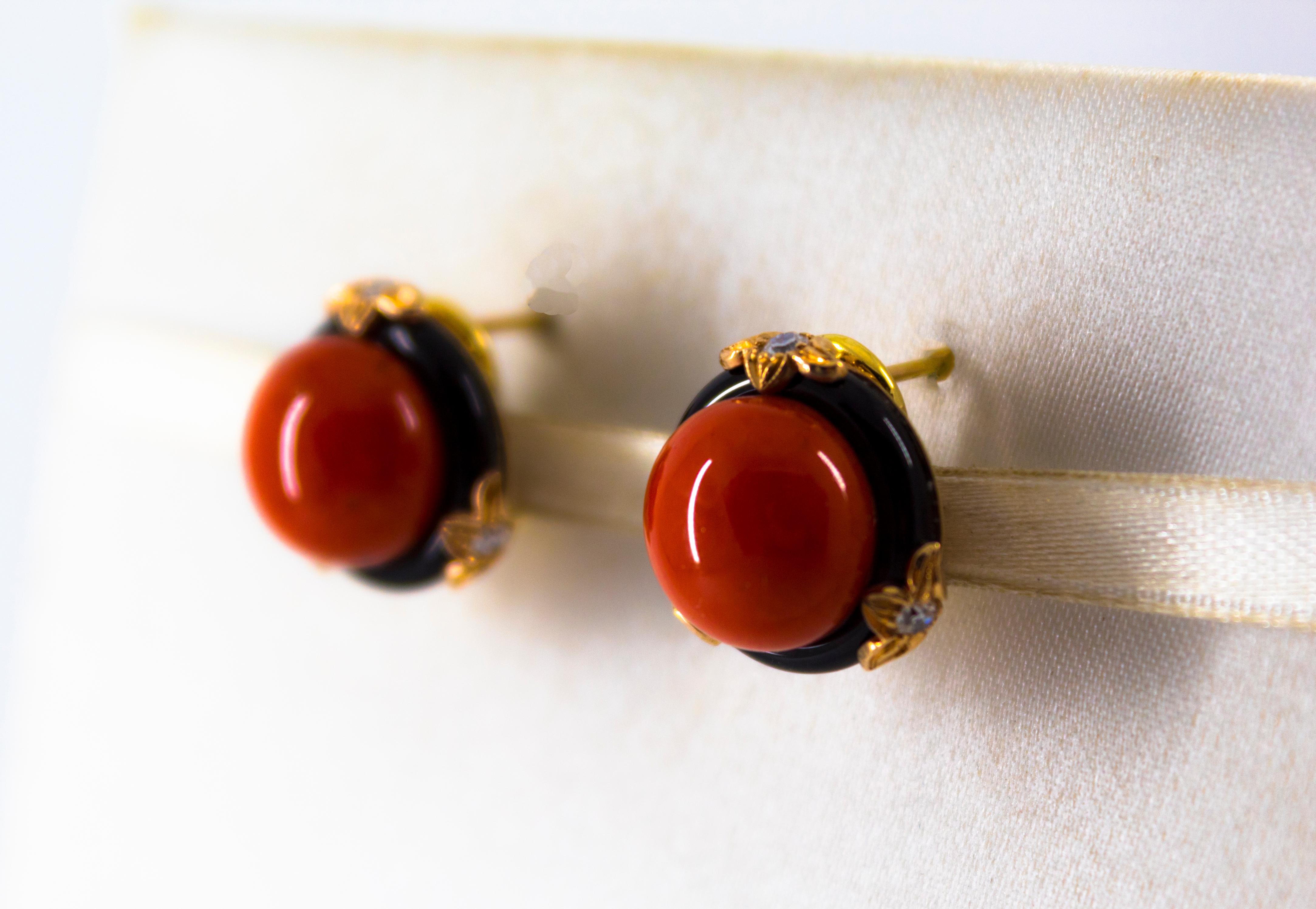 Women's or Men's 0.24 Carat Diamond Mediterranean Red Coral Onyx Yellow Gold Clip-On Earrings