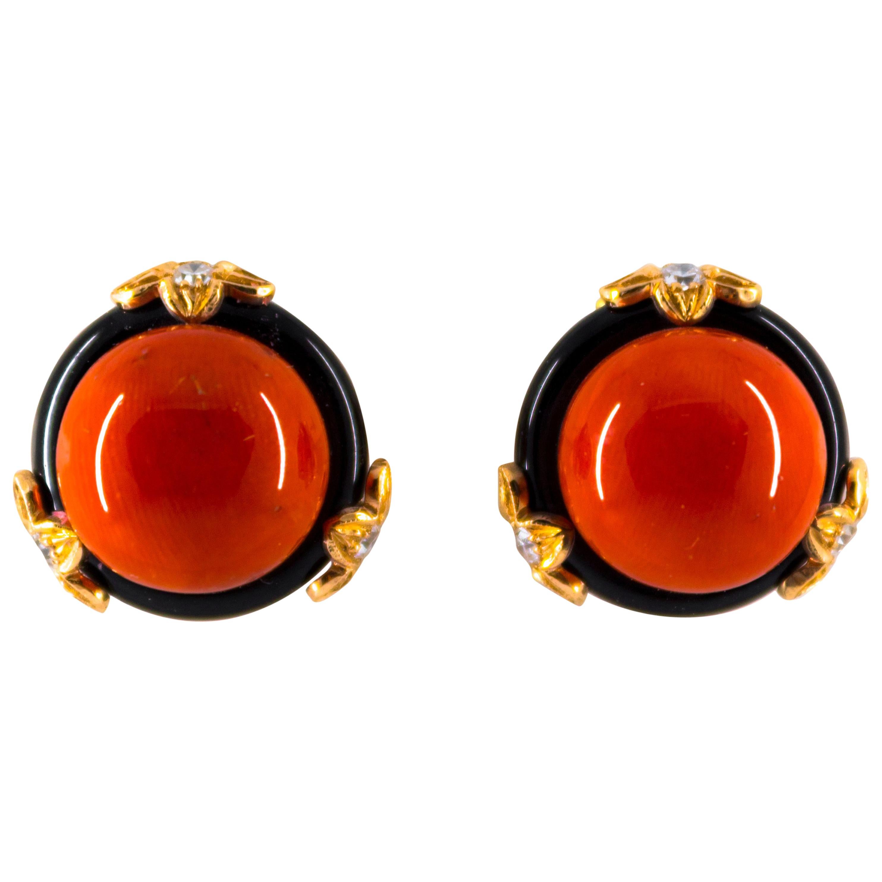 0.24 Carat Diamond Mediterranean Red Coral Onyx Yellow Gold Clip-On Earrings