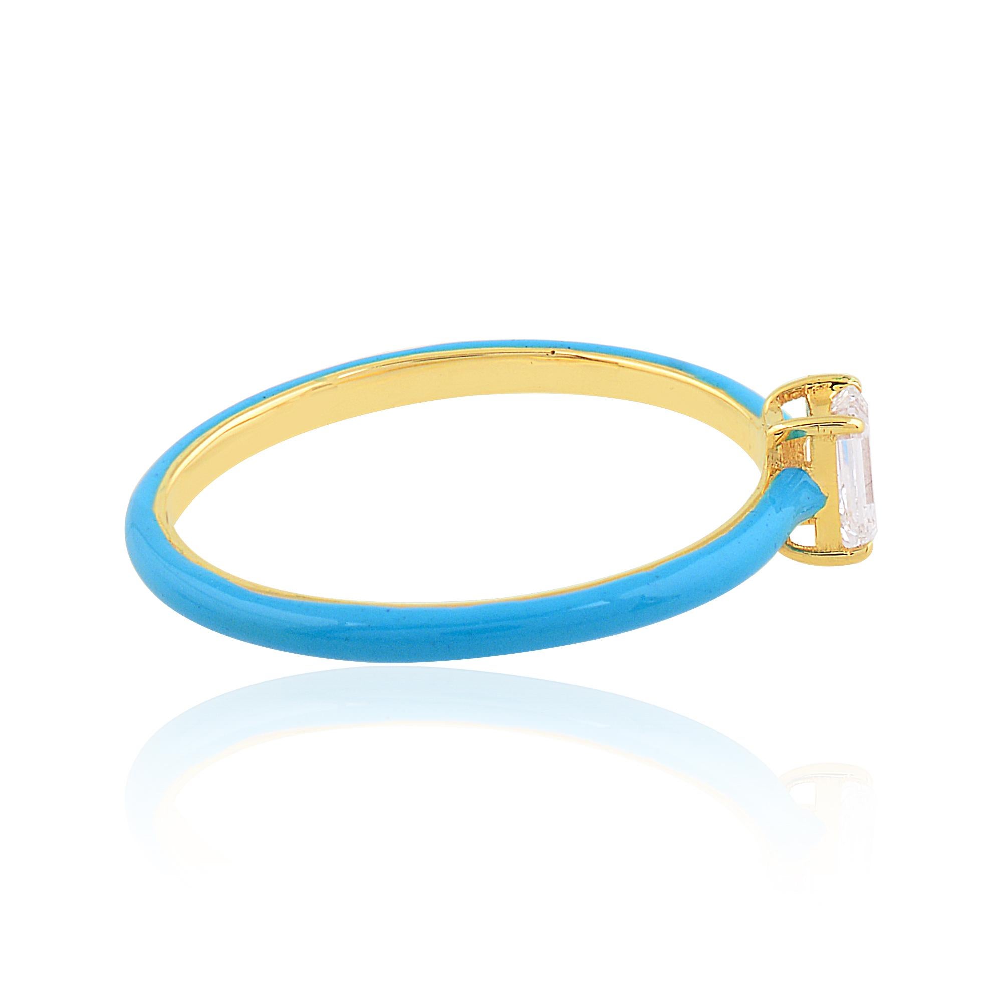 Modern 0.24 Carat Emerald Brilliant Cut Diamond Ring 14k Yellow Gold Turquoise Enamel For Sale