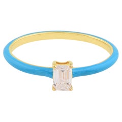 0.24 Carat Emerald Brilliant Cut Diamond Ring 14k Yellow Gold Turquoise Enamel