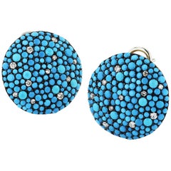 3.75 Carat Crushed Turquoise and Pave Diamond Earrings Set in 14 karat Gold 