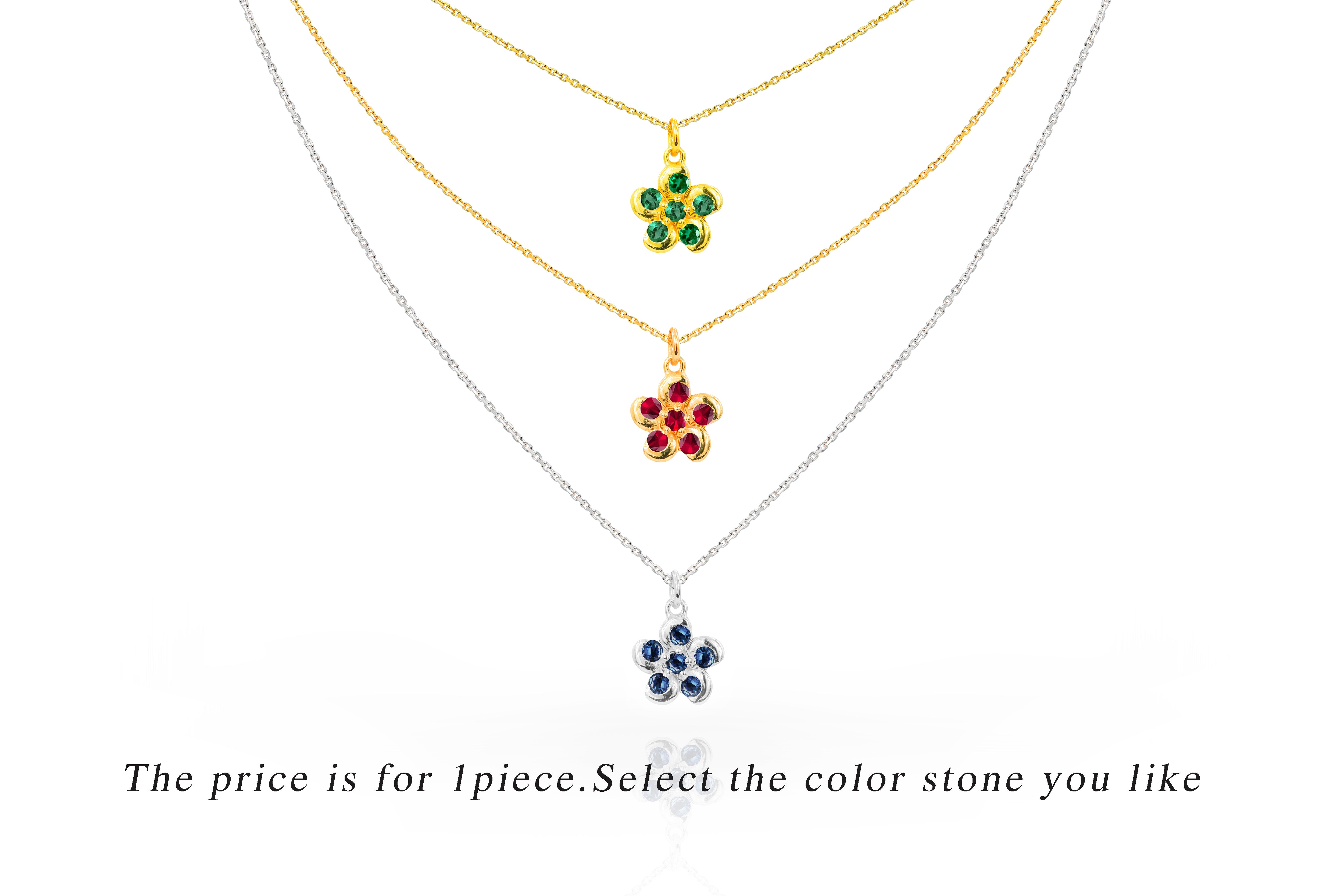 0.24 Ct Ruby, Sapphire and Emerald Flower Necklace in 14k Gold