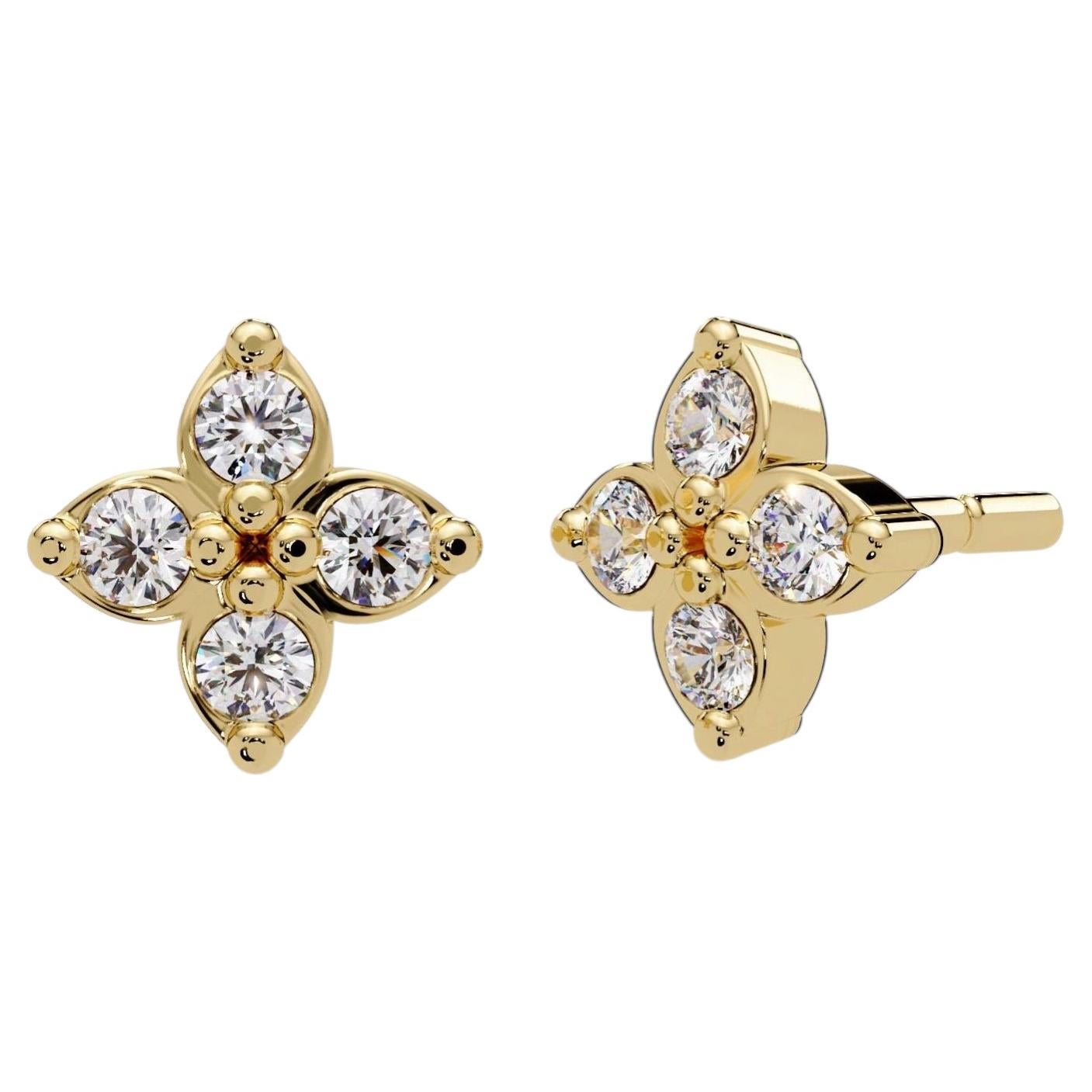 0.24 CTW Diamond Clover Stud Earrings in 14K Gold, SI1+ Flower Cluster Studs For Sale