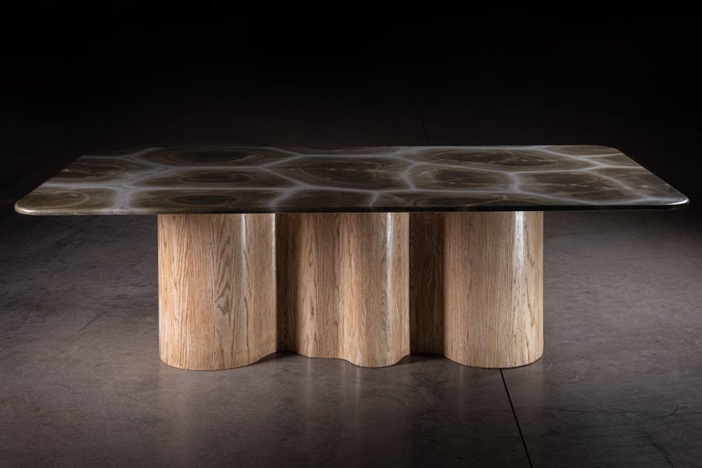 024 Dining Table, Quartzite Top with Solid Oak Organic Shape Base For ...
