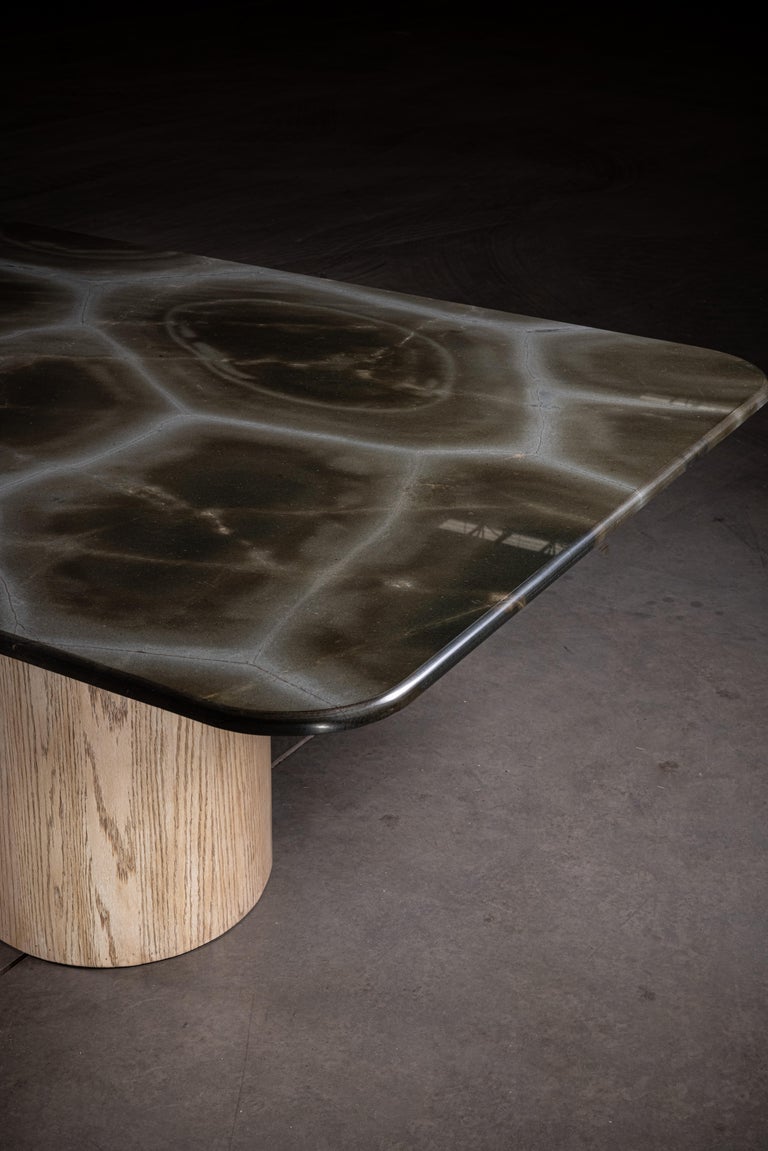 024 Dining Table, Quartzite Top with Solid Oak Organic Shape Base For ...