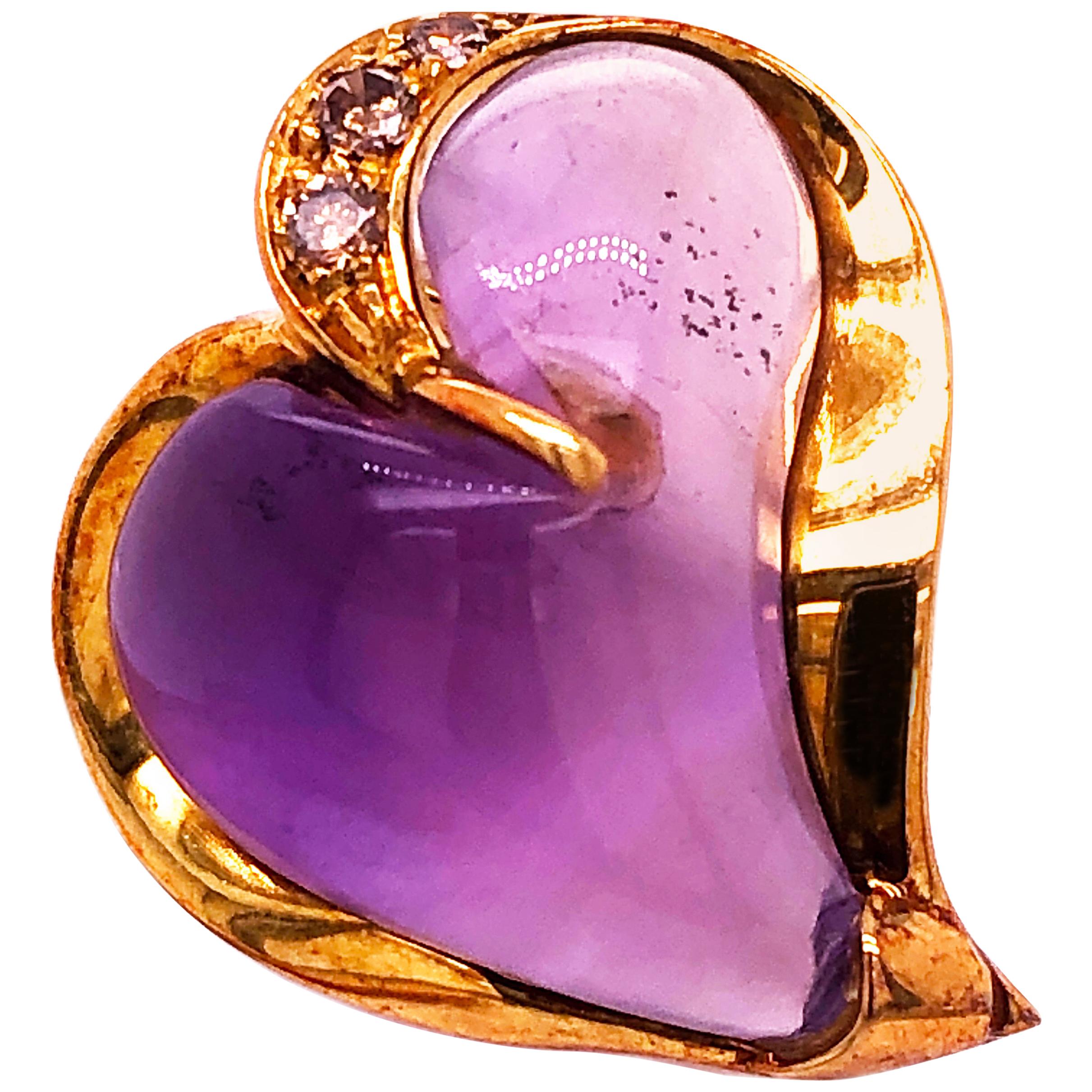 Berca 0.24Kt Champagne Diamond 12 Kt Natural Hand Inlaid Amethyst Heart Pendant For Sale