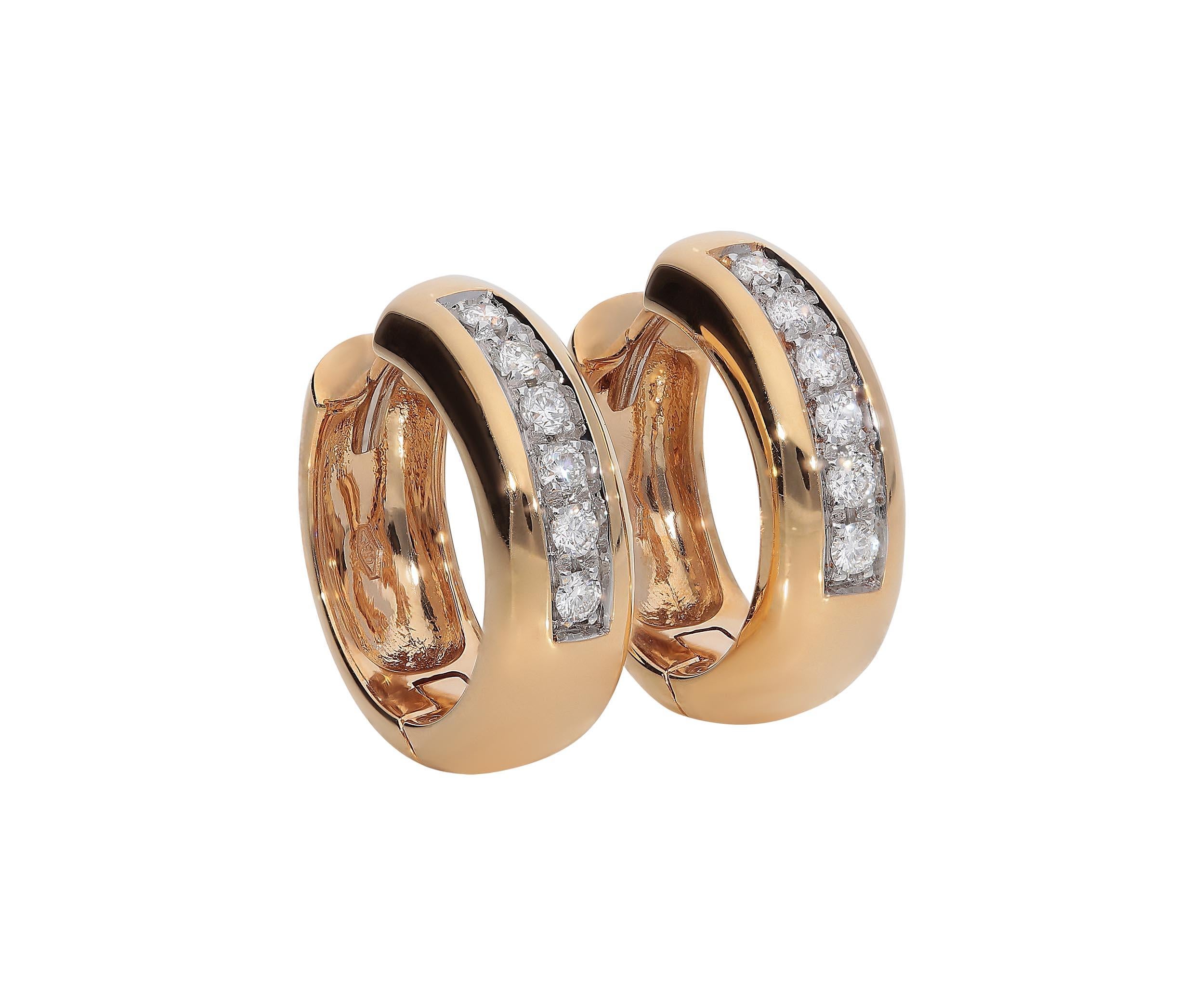 Contemporary 0.24 Carat White GVS Diamonds 18 Karat Pink Gold Small Hoop Earrings For Sale