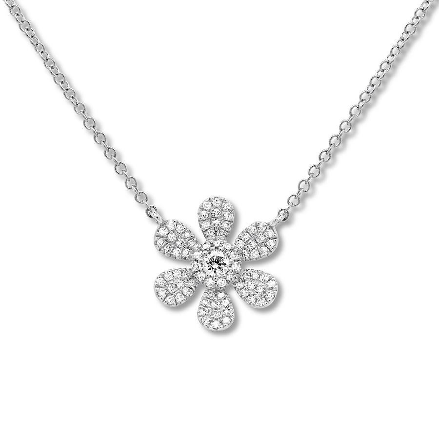 0.24 Carat 14 Karat White Gold Diamond Flower Necklace In New Condition In New York, NY