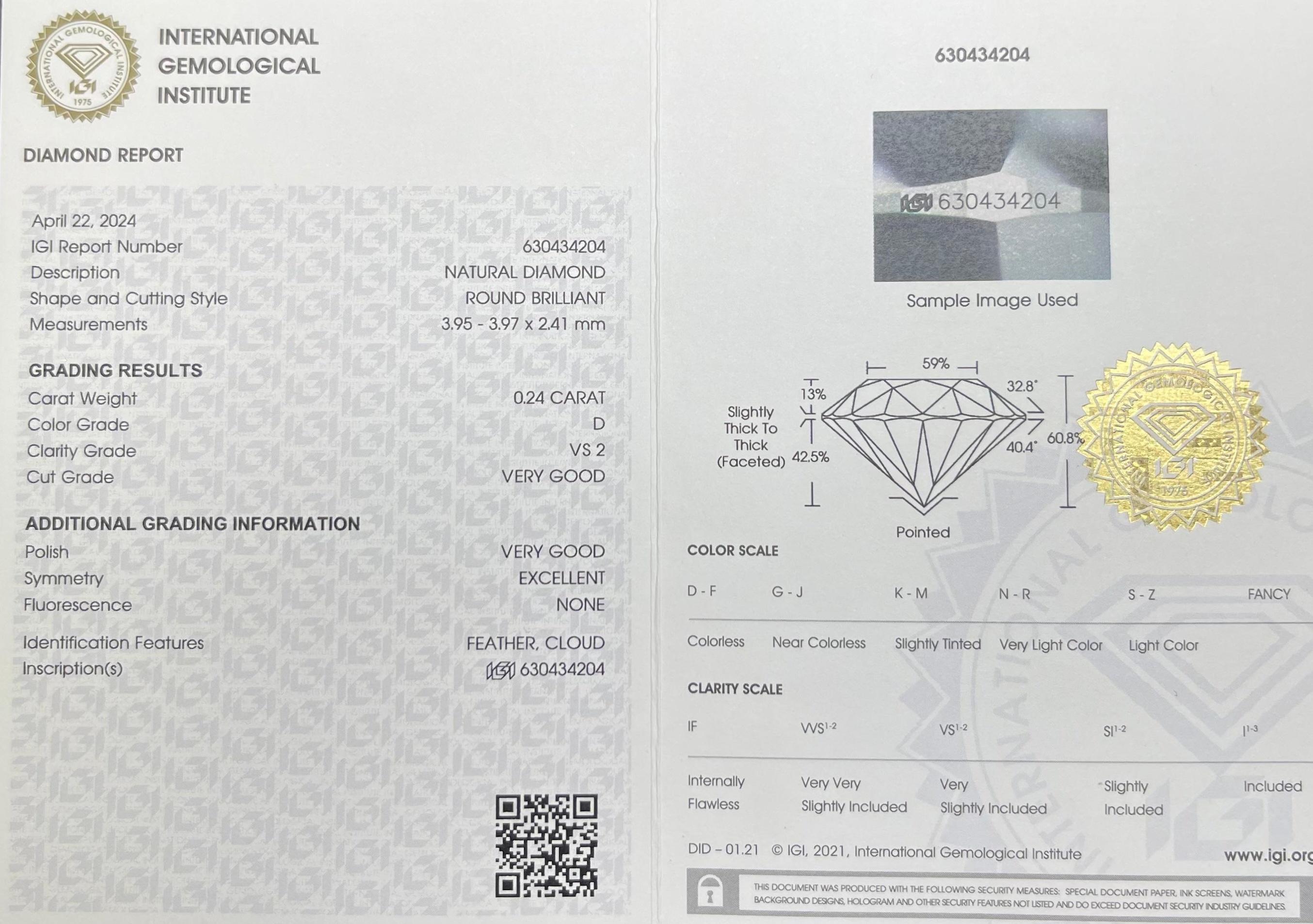 0.24CT IGI Certified Round Brilliant In New Condition For Sale In kOWLOON, HK
