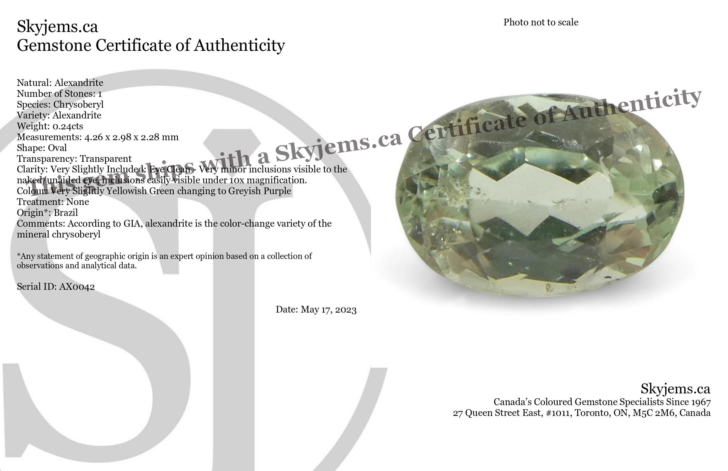 Description:

Gem Type: Alexandrite 
Number of Stones: 1
Weight: 0.24 cts
Measurements: 4.26 x 2.98 x 2.28 mm
Shape: Oval
Cutting Style Crown: Brilliant Cut
Cutting Style Pavilion: Brilliant Cut 
Transparency: Transparent
Clarity: Very Slightly