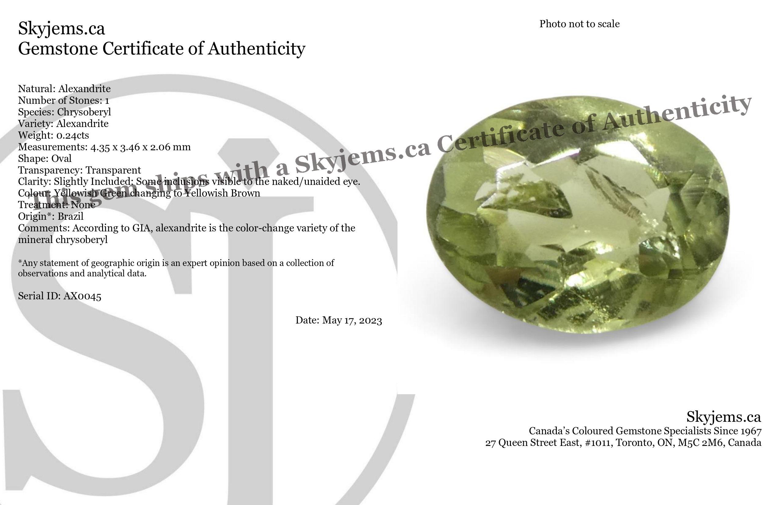Description:

Gem Type: Alexandrite 
Number of Stones: 1
Weight: 0.24 cts
Measurements: 4.35 x 3.46 x 2.06 mm
Shape: Oval
Cutting Style Crown: Brilliant Cut
Cutting Style Pavilion: Brilliant Cut 
Transparency: Transparent
Clarity: Slightly Included: