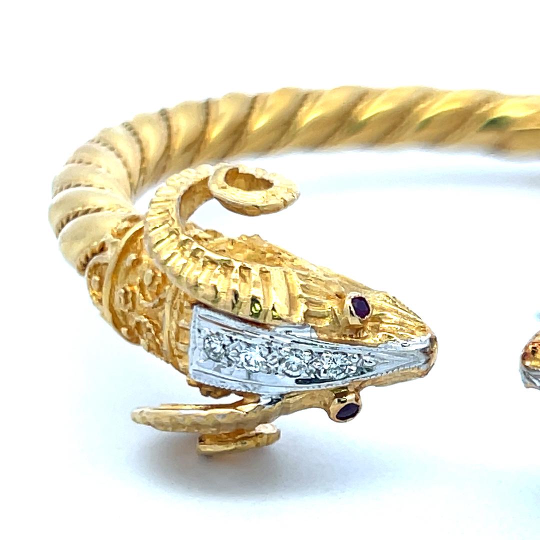 0.24ct Round Brilliant Diamond Ram Head Bangle Bracelet in 18K Two-Tone Gold For Sale 5