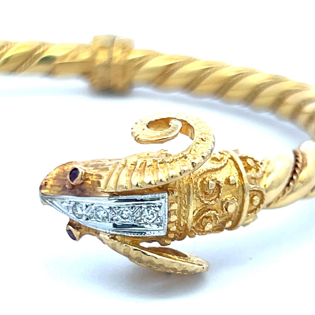 0.24ct Round Brilliant Diamond Ram Head Bangle Bracelet in 18K Two-Tone Gold For Sale 6