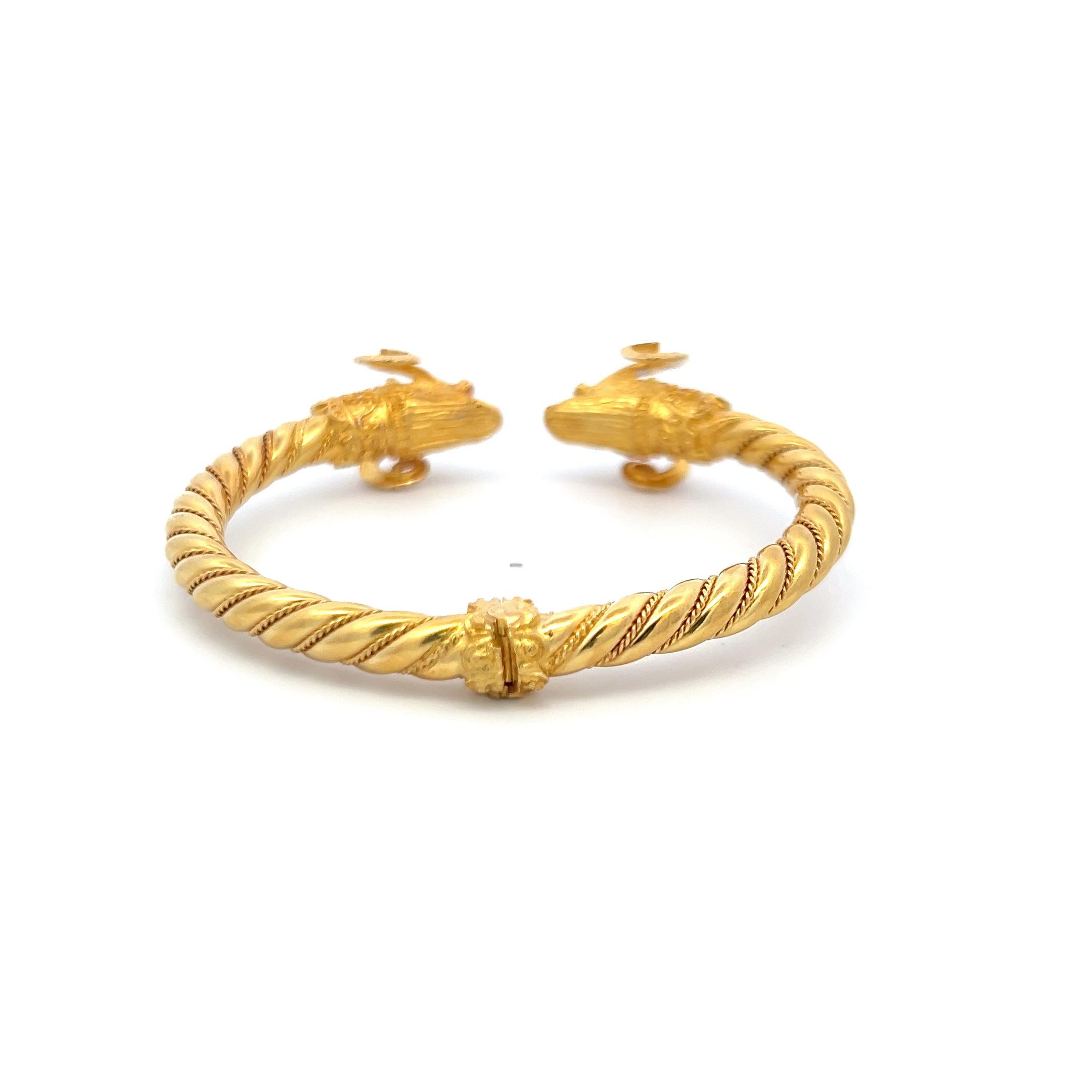 Brilliant Cut 0.24ct Round Brilliant Diamond Ram Head Bangle Bracelet in 18K Two-Tone Gold For Sale